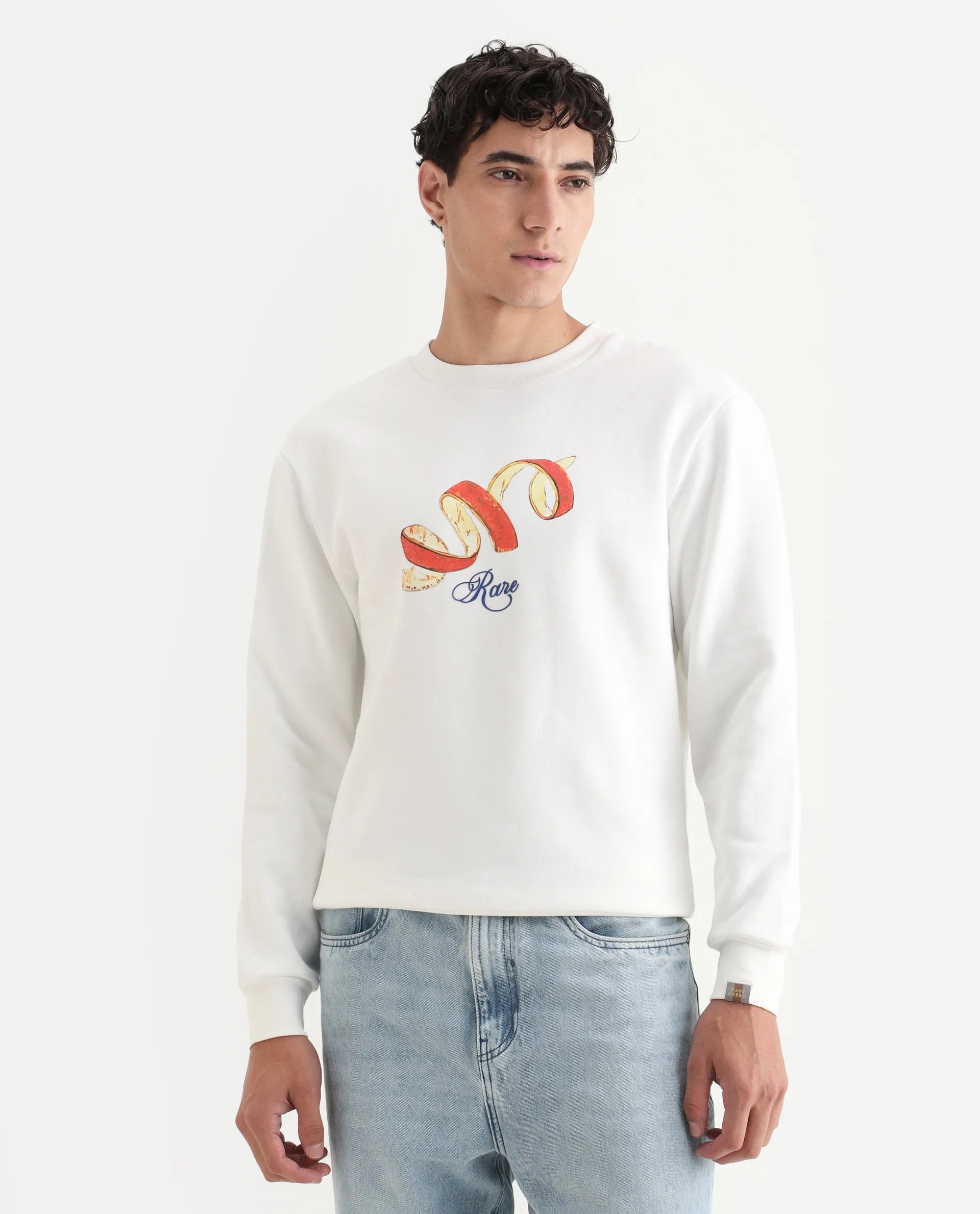 Rare Rabbit Men's Pend White Cotton Graphic Print Boxy Fit Full Sleeve Crew Neck Sweatshirt