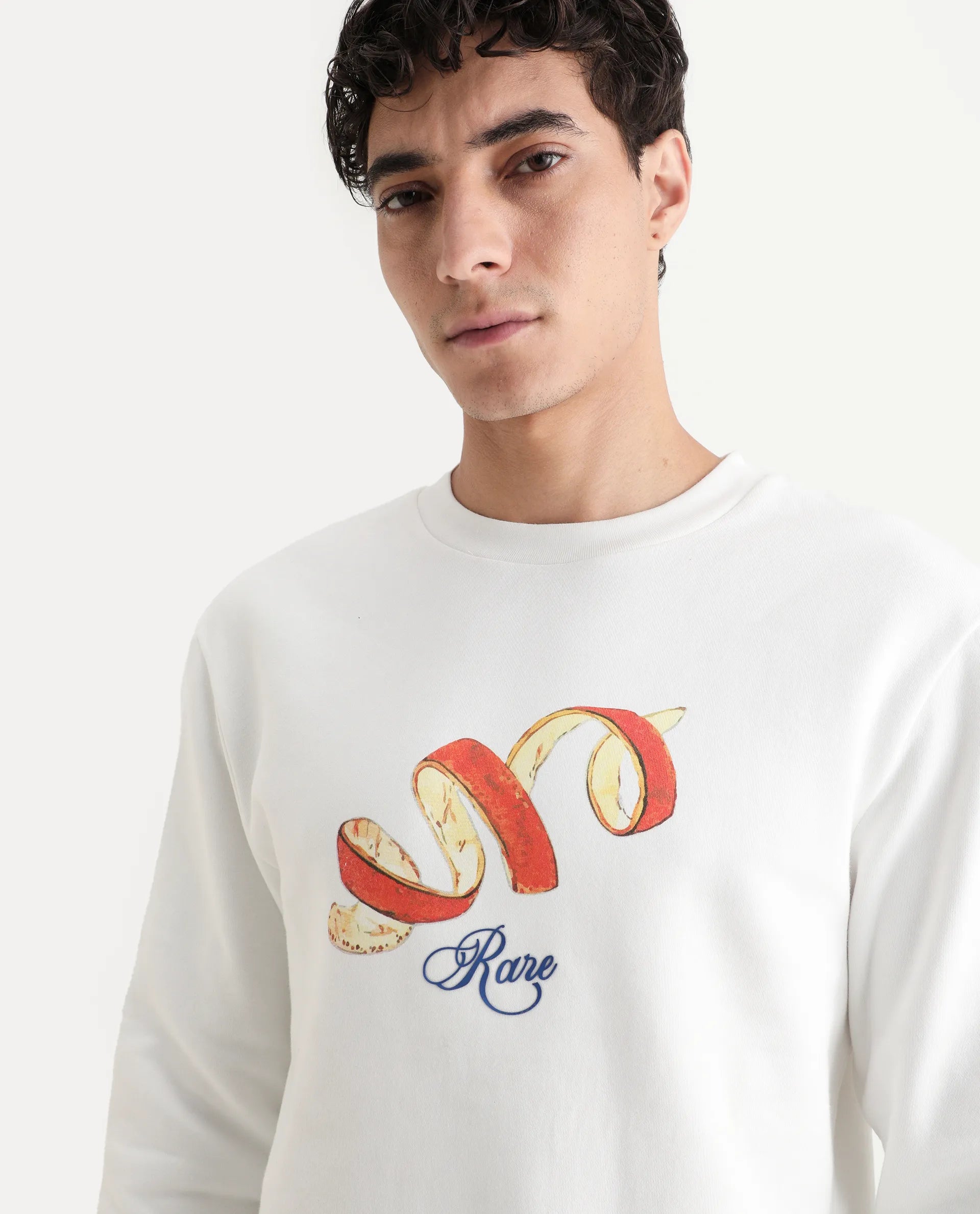 Rare Rabbit Men's Pend White Cotton Graphic Print Boxy Fit Full Sleeve Crew Neck Sweatshirt