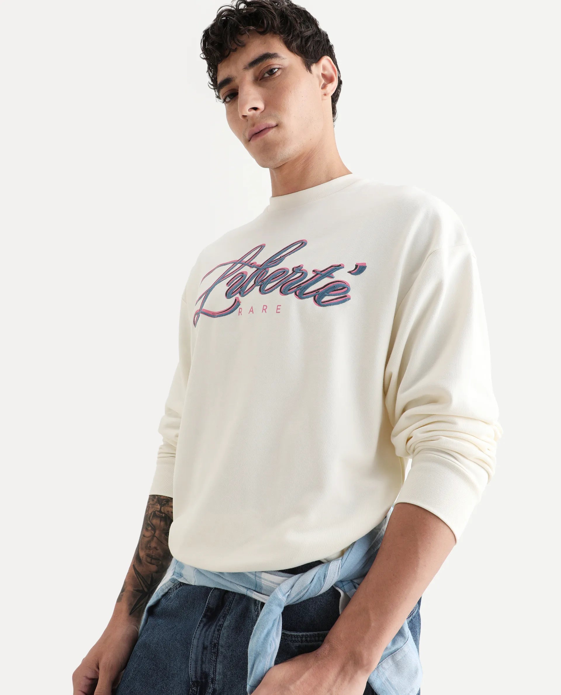 Rare Rabbit Men's Fint Off White Cotton Blend Graphic Print Boxy Fit Full Sleeve Crew Neck Sweatshirt