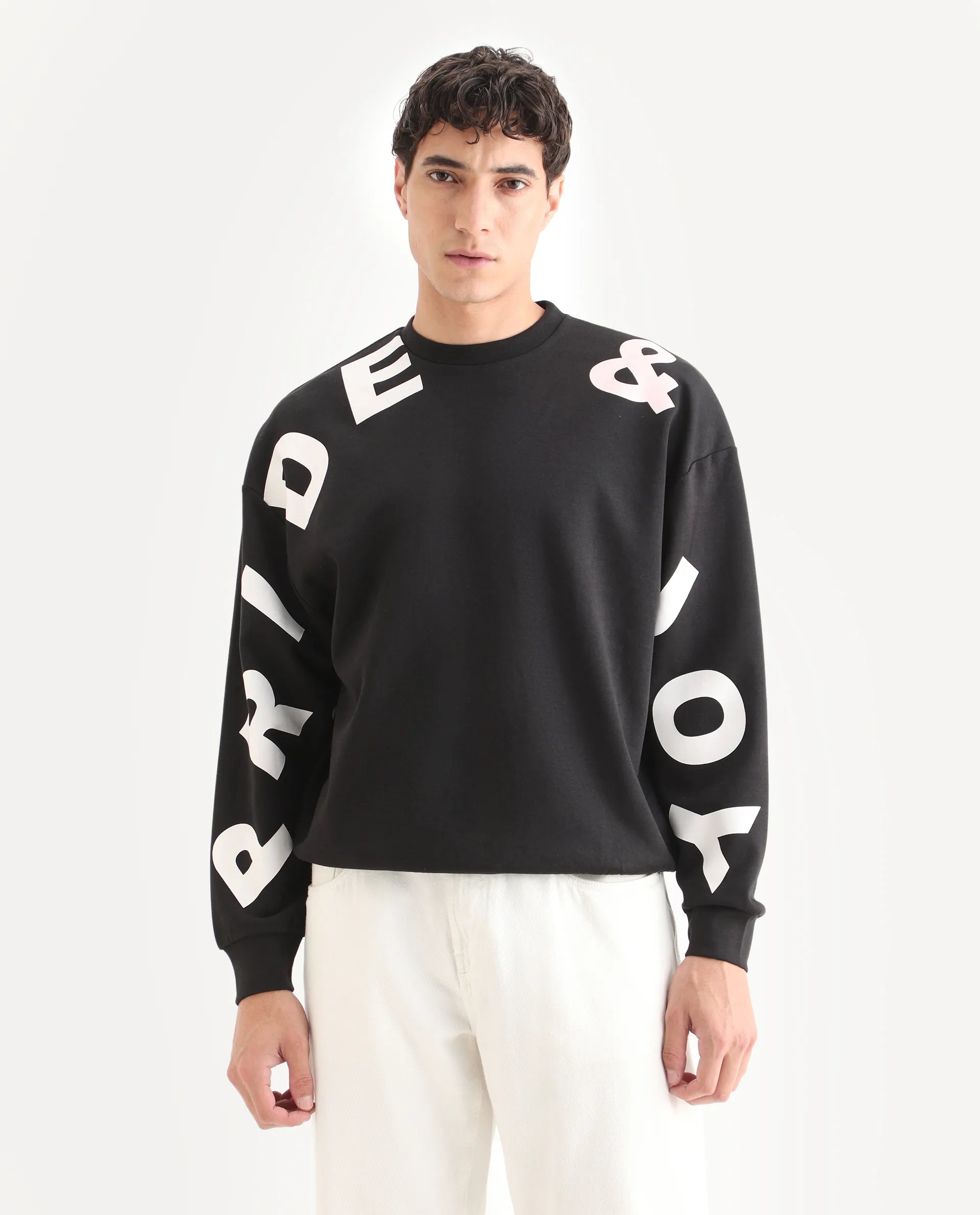 Rare Rabbit Men's Ricot Black Cotton Blend Typography Print Boxy Fit Full Sleeve Crew Neck Sweatshirt