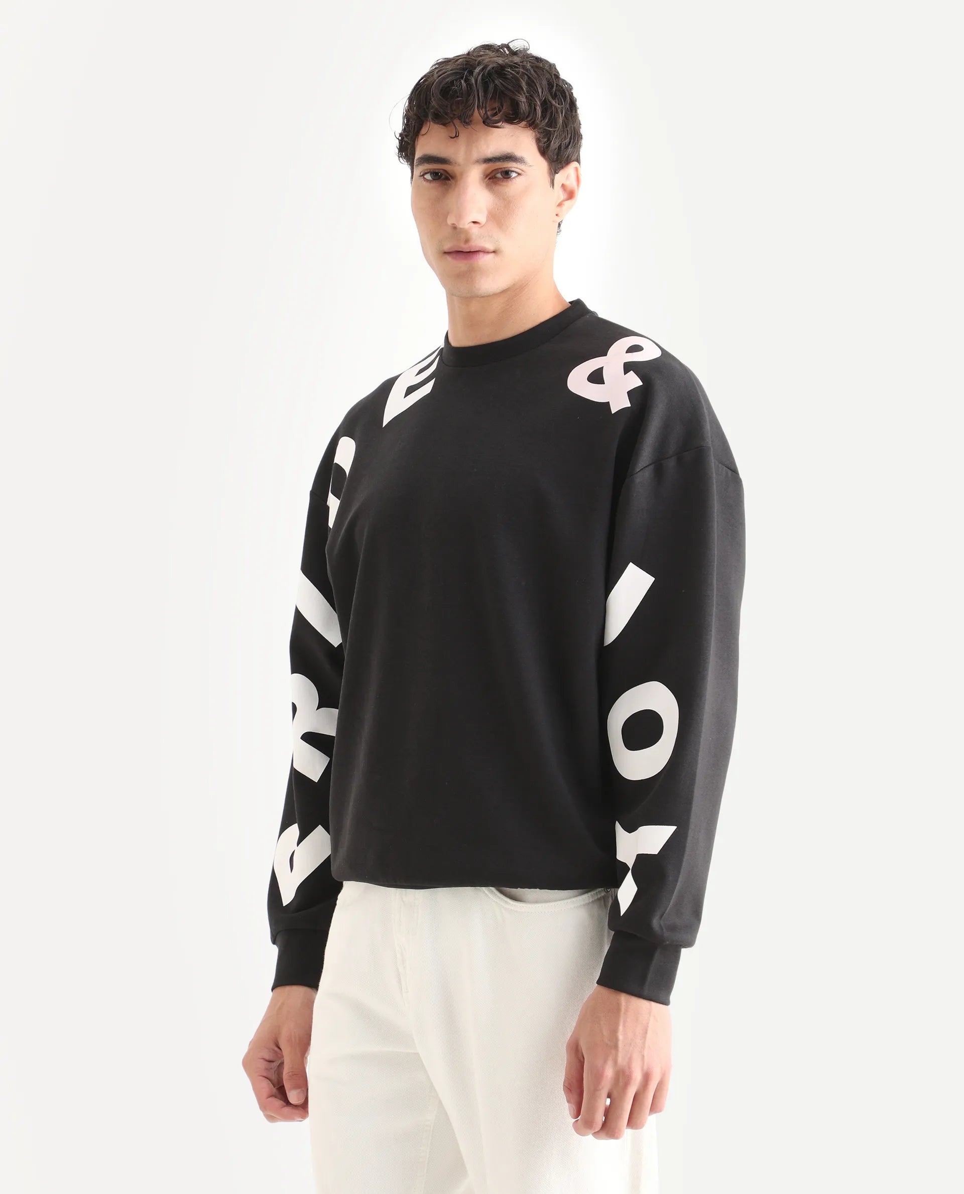 Rare Rabbit Men's Ricot Black Cotton Blend Typography Print Boxy Fit Full Sleeve Crew Neck Sweatshirt