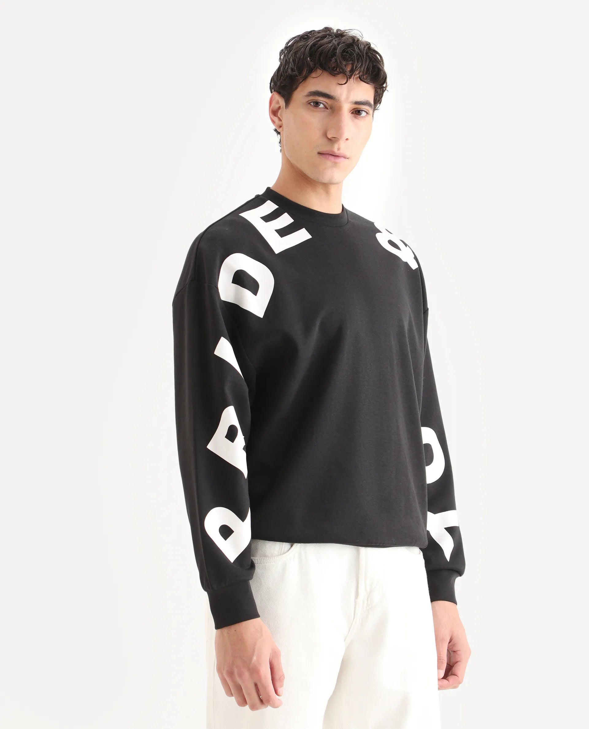 Rare Rabbit Men's Ricot Black Cotton Blend Typography Print Boxy Fit Full Sleeve Crew Neck Sweatshirt