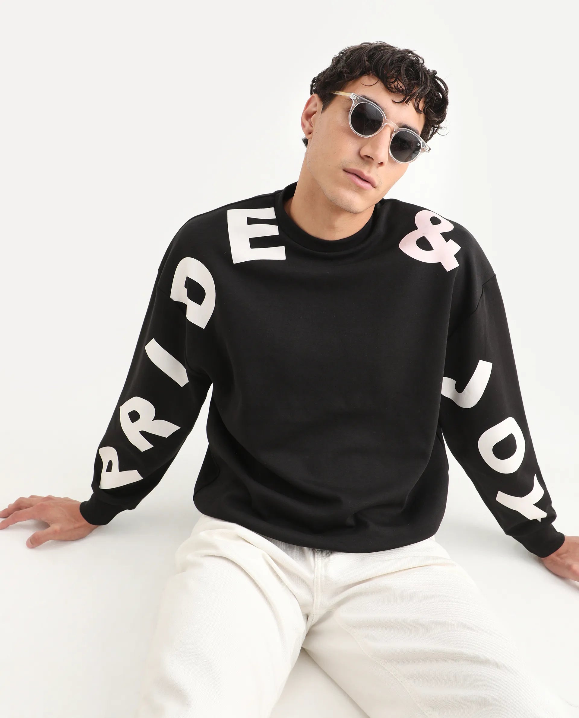 Rare Rabbit Men's Ricot Black Cotton Blend Typography Print Boxy Fit Full Sleeve Crew Neck Sweatshirt