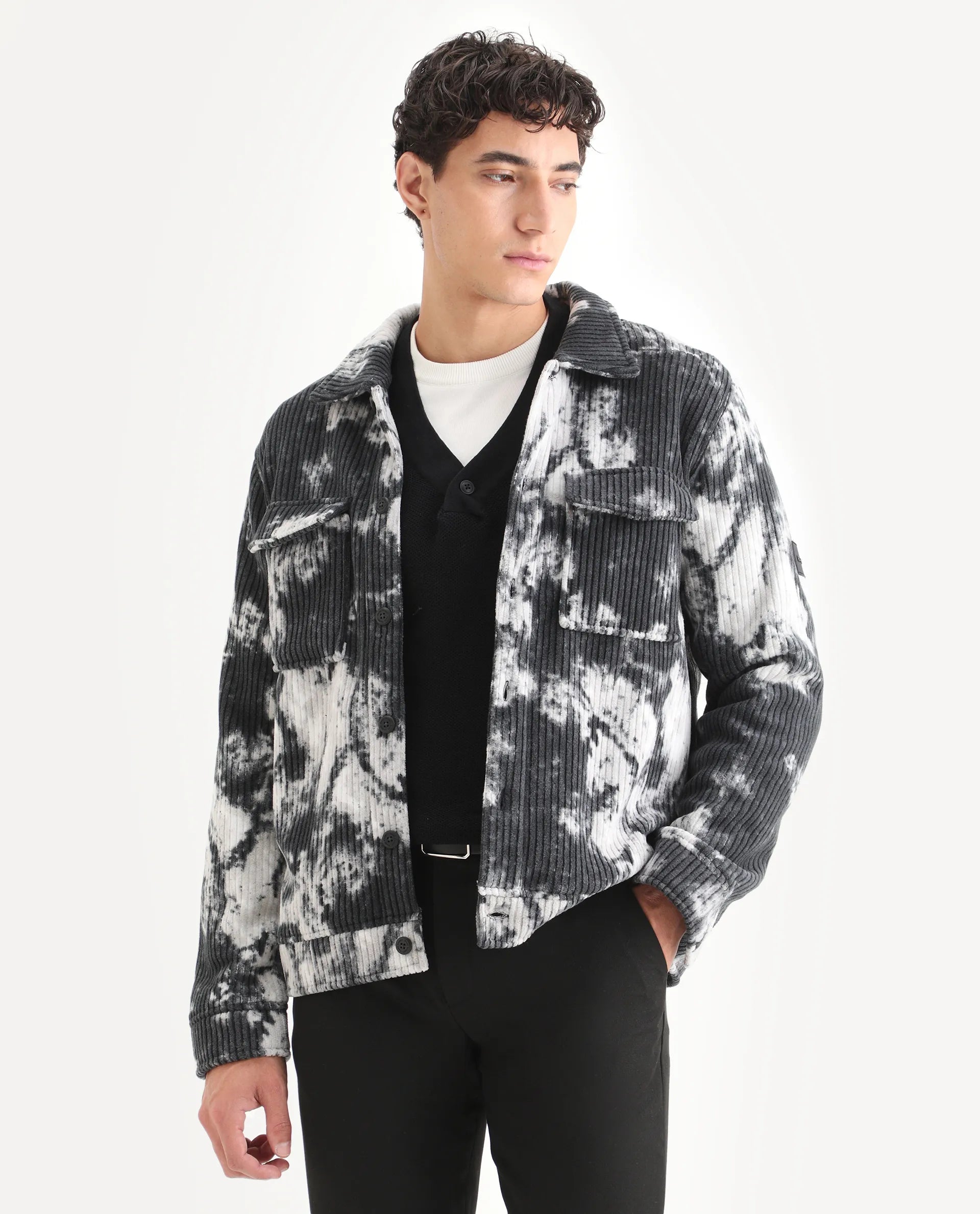 Rare Rabbit Men's Saurv Black Polyester Printed Regular Fit Full Sleeve Spread Collar Jacket