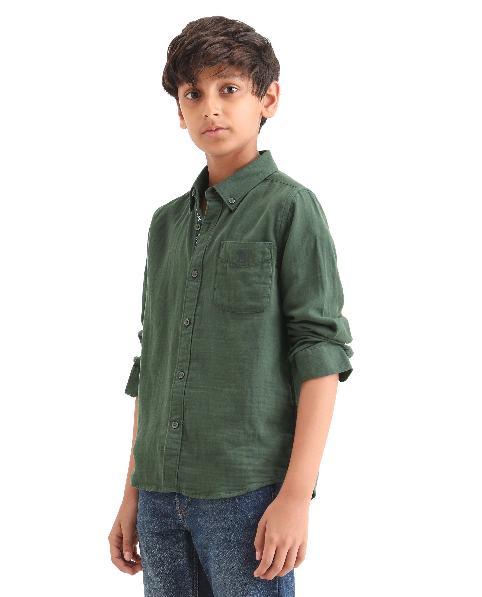 Rare Ones Kids Layerr Ls-K Dusky Green Cotton Full Sleeve Spread Collar Solid Shirt