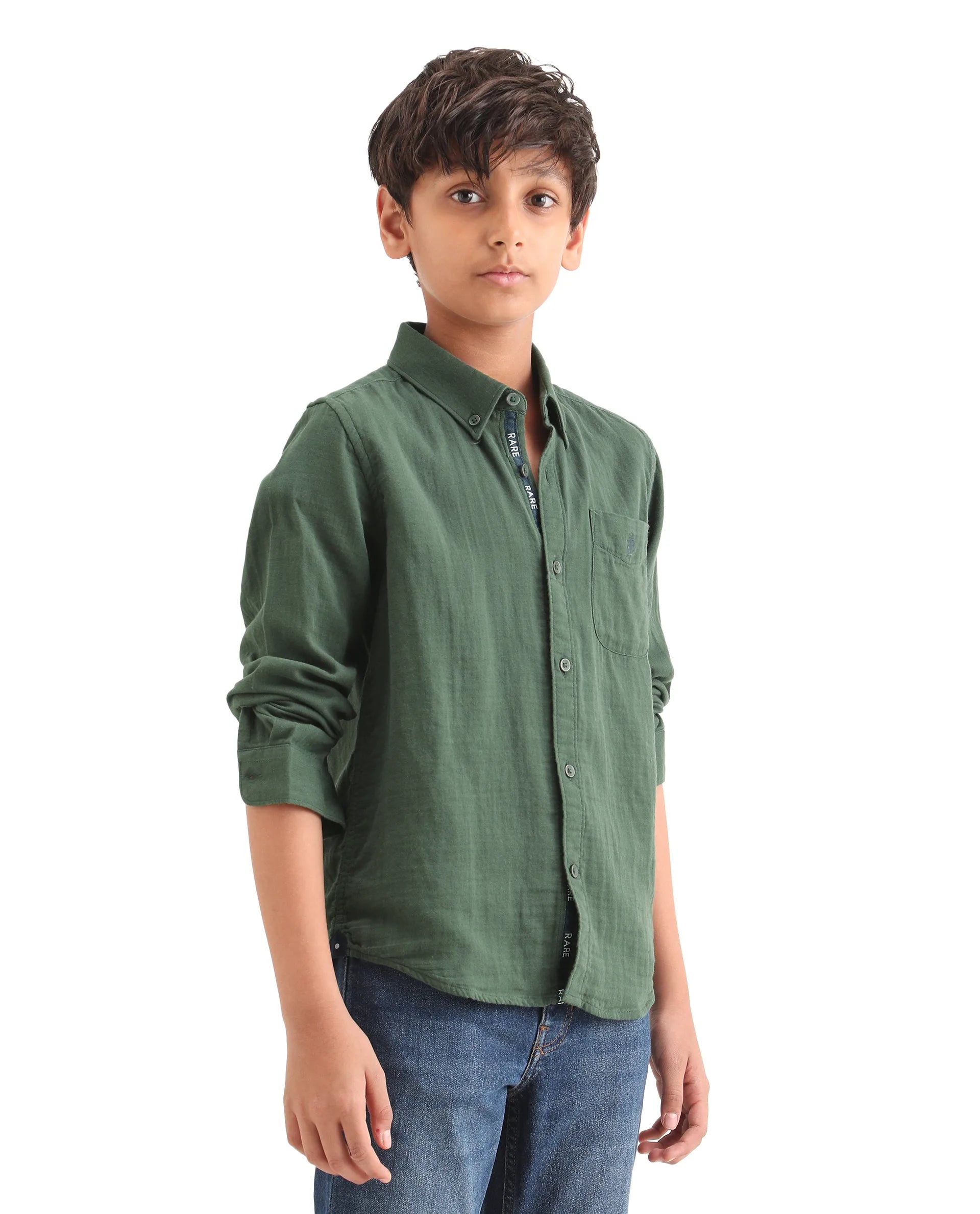 Rare Ones Kids Layerr Ls-K Dusky Green Cotton Full Sleeve Spread Collar Solid Shirt