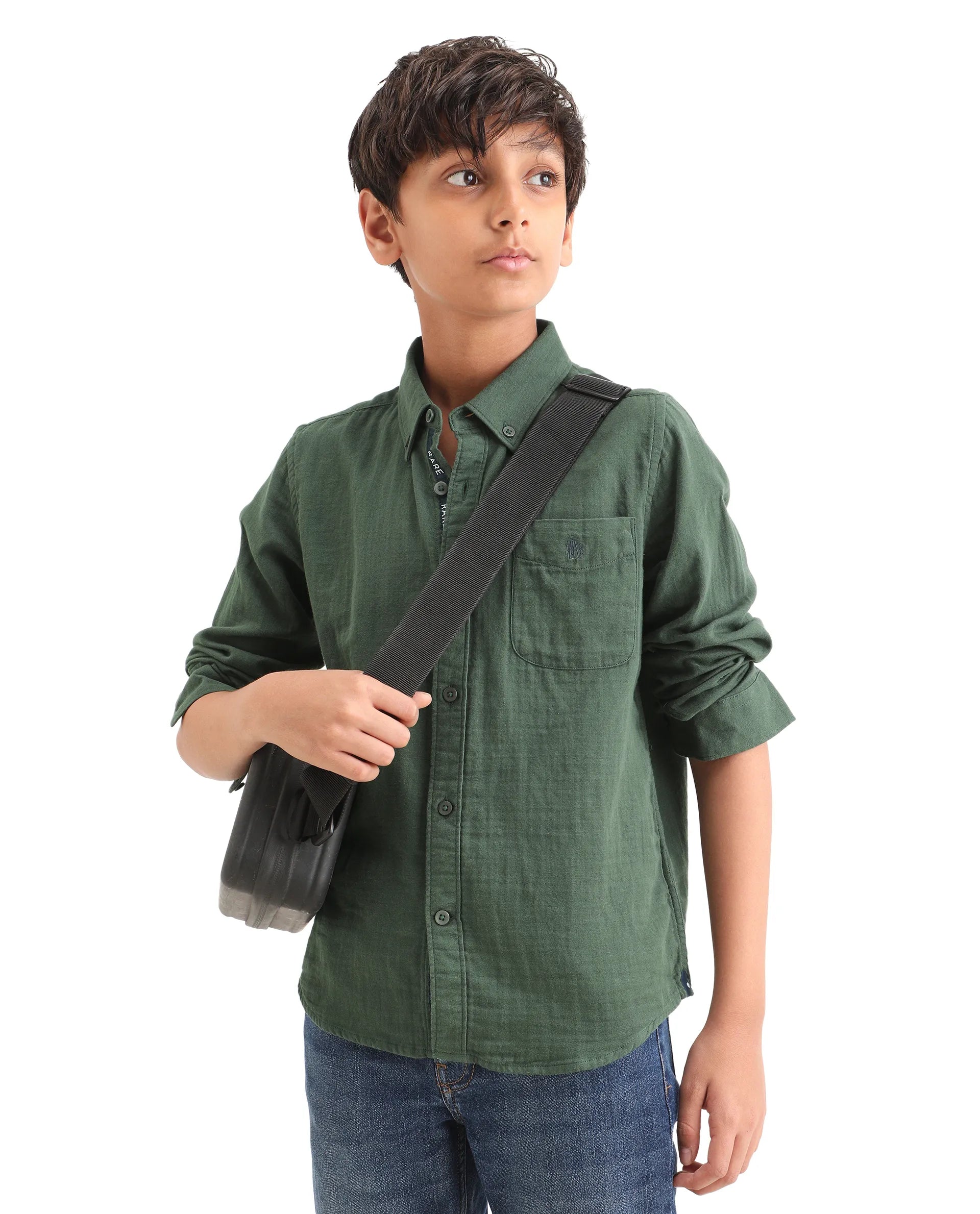 Rare Ones Kids Layerr Ls-K Dusky Green Cotton Full Sleeve Spread Collar Solid Shirt