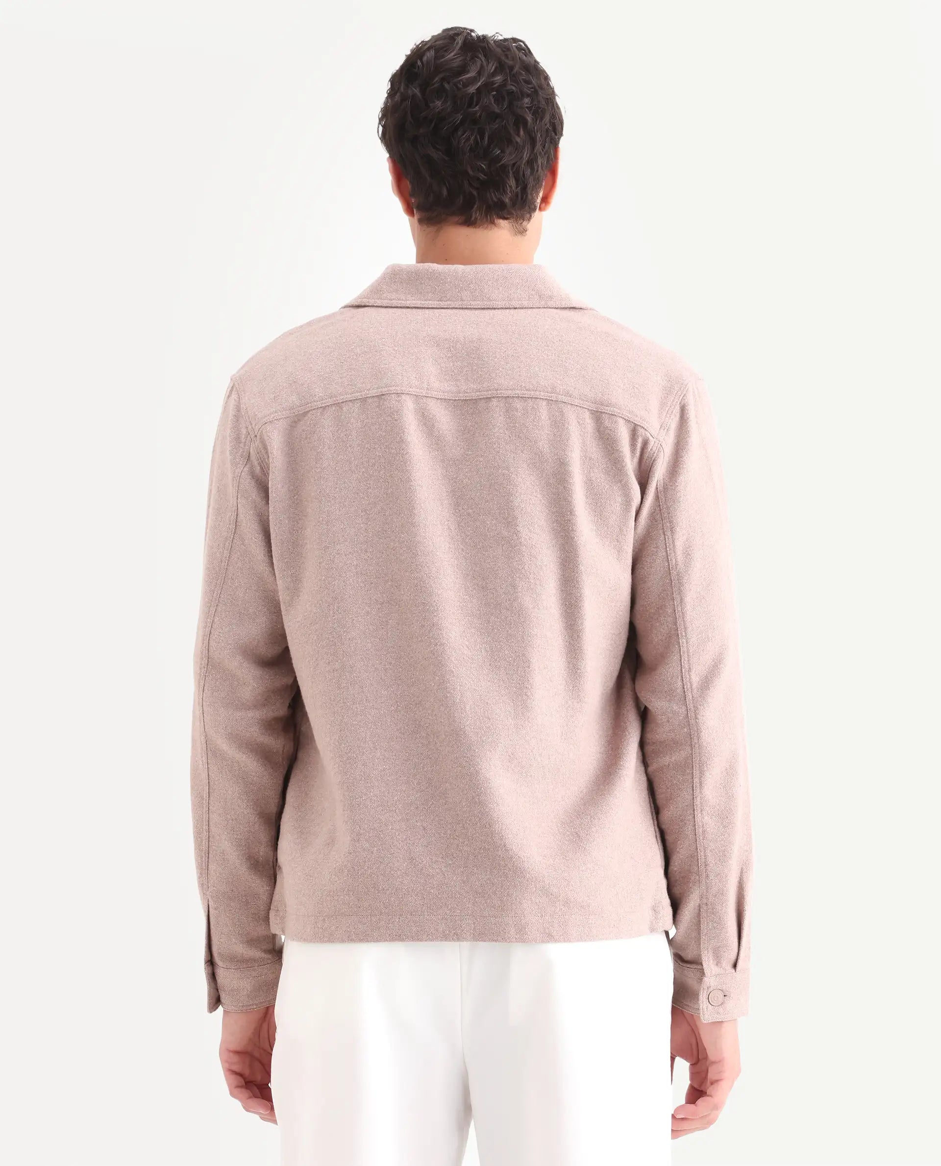 Rare Rabbit Men's Kaai Peach Polyester Blend Plain Regular Fit Full Sleeve Collared Shacket