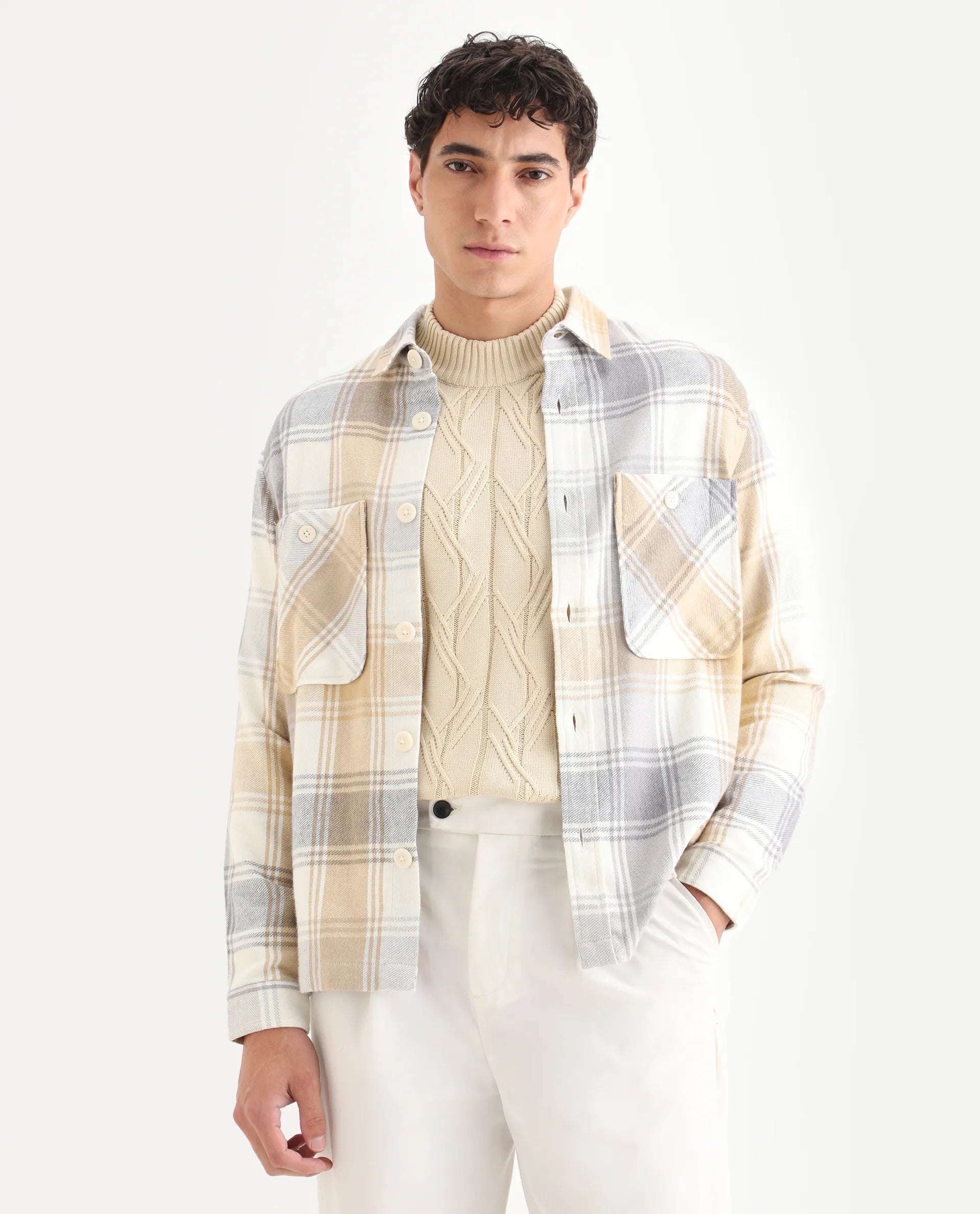 Rare Rabbit Men's Netsk Beige Acrylic Blend Checked Print Regular Fit Full Sleeve Collared Shacket