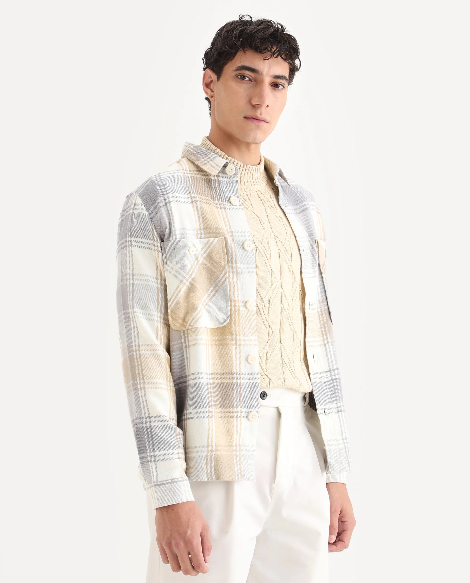 Rare Rabbit Men's Netsk Beige Acrylic Blend Checked Print Regular Fit Full Sleeve Collared Shacket
