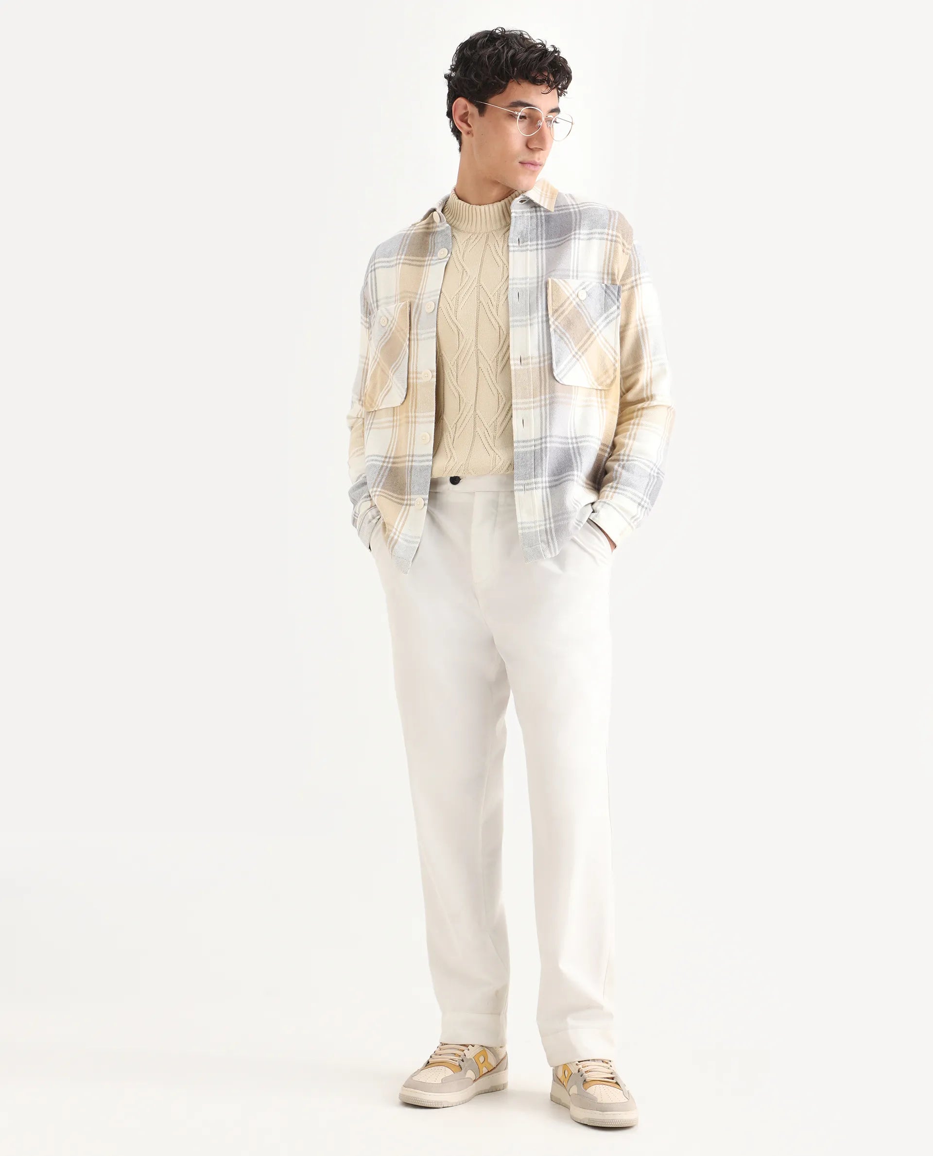 Rare Rabbit Men's Netsk Beige Acrylic Blend Checked Print Regular Fit Full Sleeve Collared Shacket