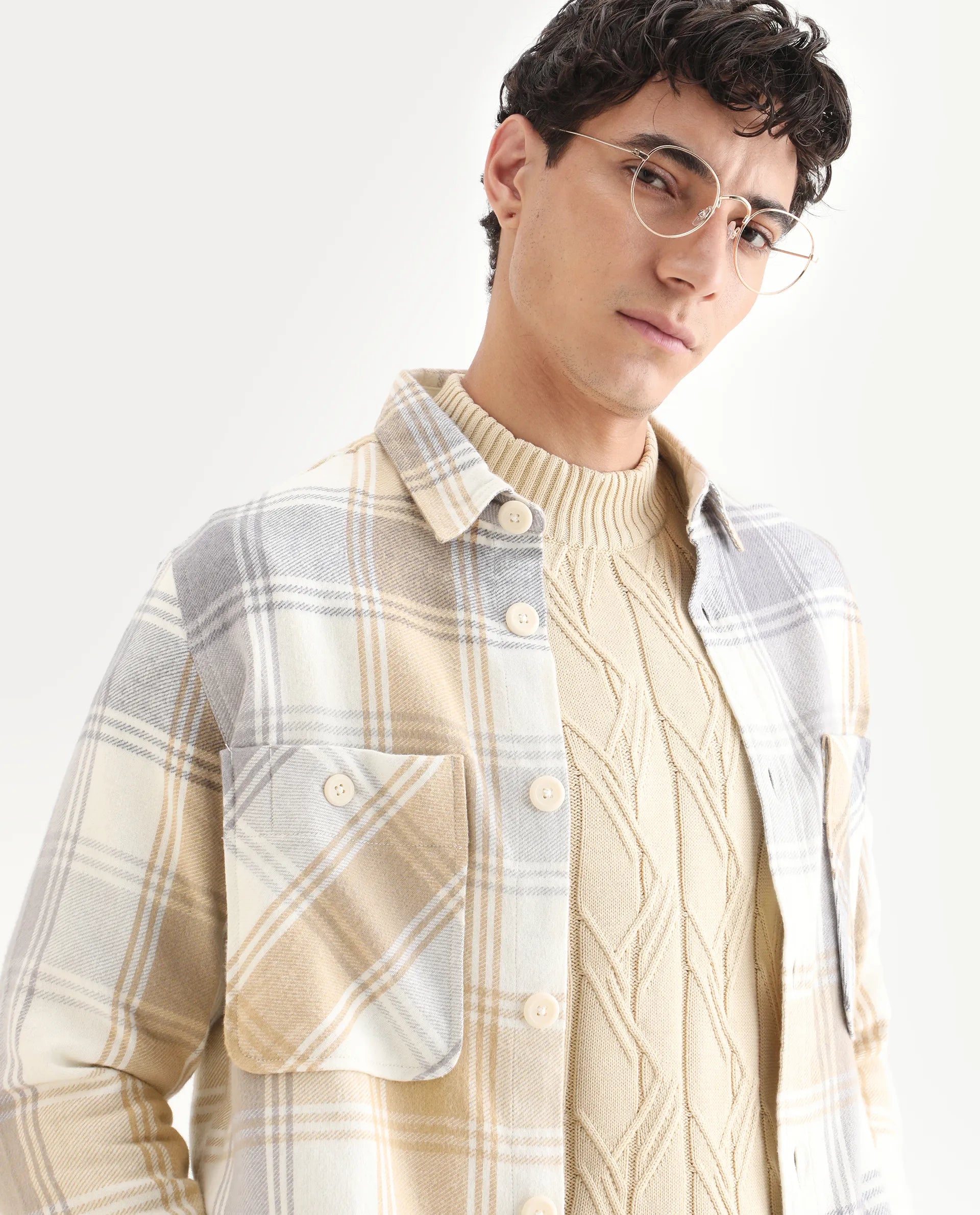 Rare Rabbit Men's Netsk Beige Acrylic Blend Checked Print Regular Fit Full Sleeve Collared Shacket