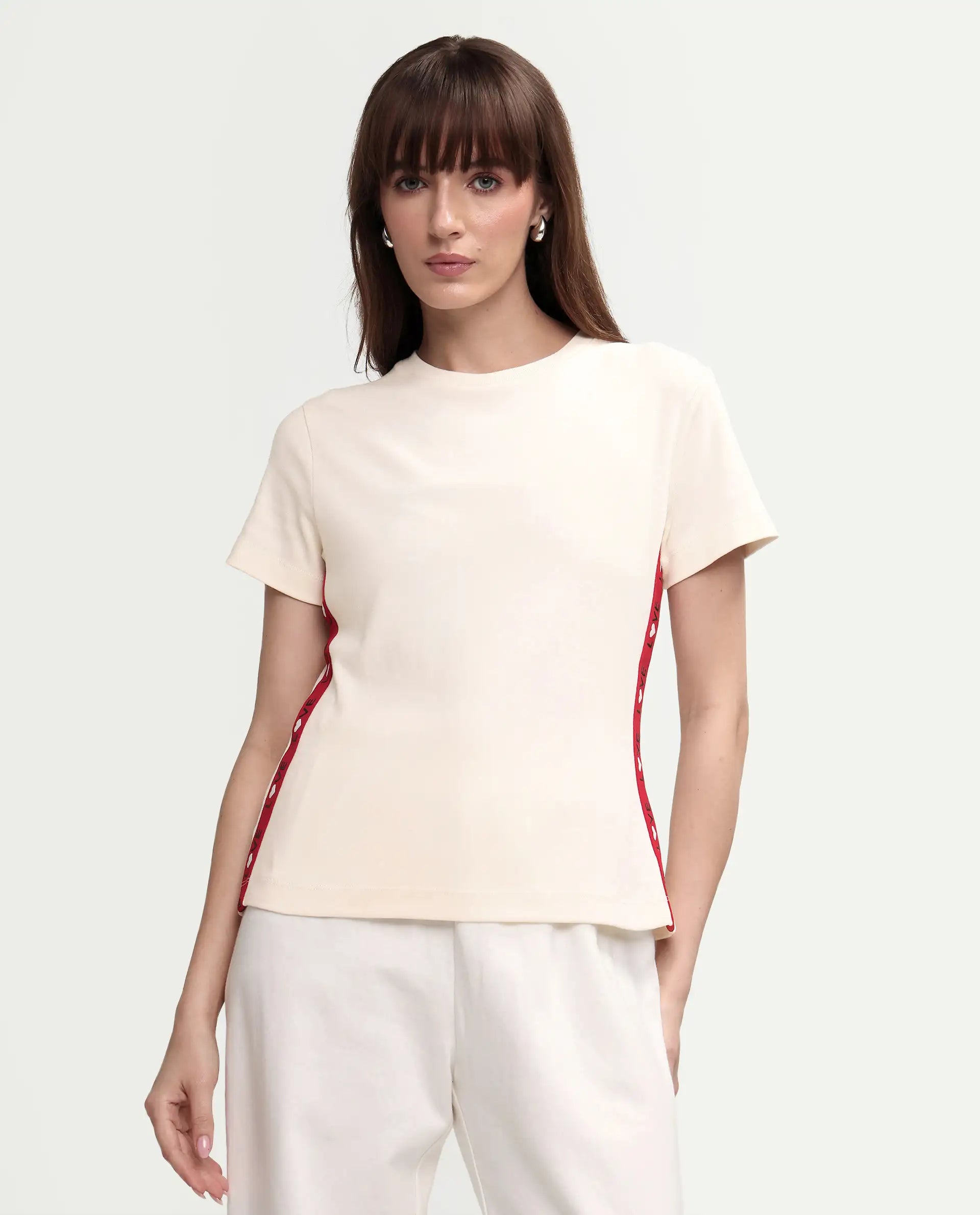 Rareism Women's Prel White Cotton Blend Crew Neck Plain Relaxed Fit T-Shirt