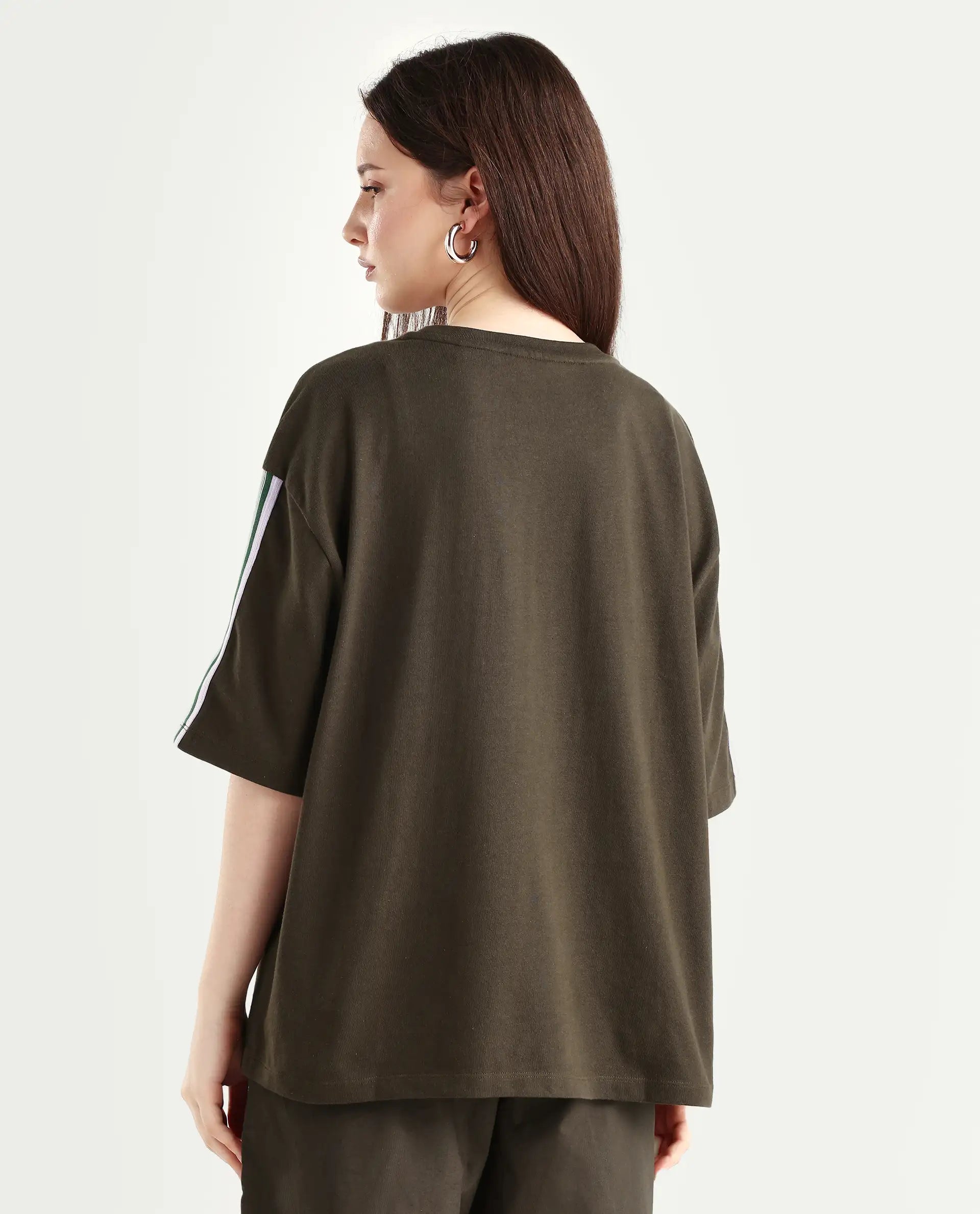 Rareism Women's Nonwen T Brown Polyester Blend Crew Neck Striped Oversized T-Shirt