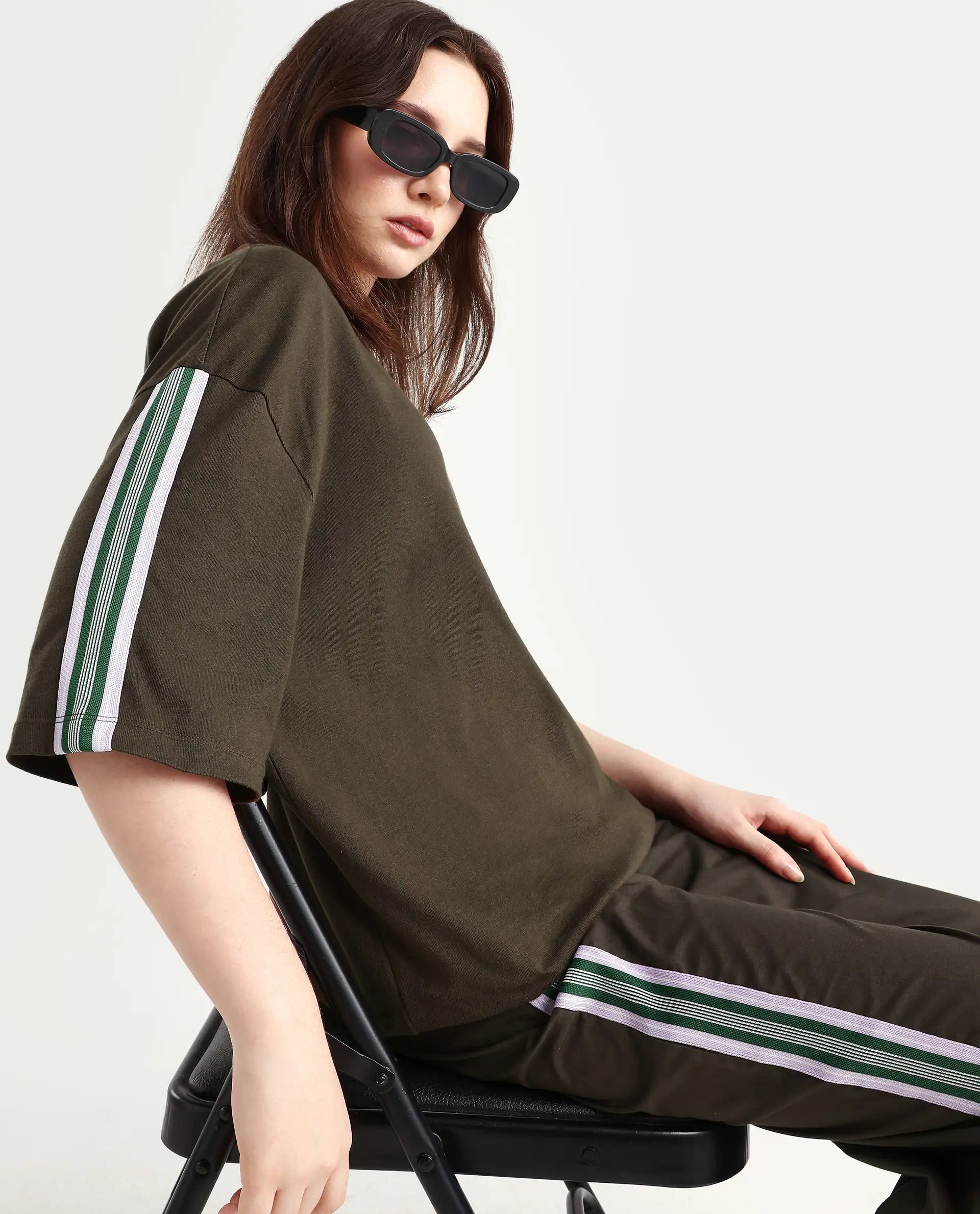 Rareism Women's Nonwen T Brown Polyester Blend Crew Neck Striped Oversized T-Shirt