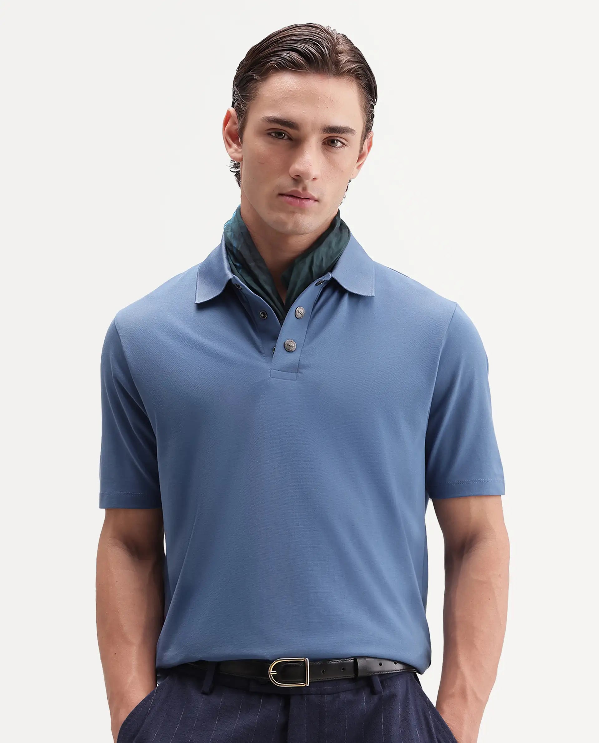 Rare Rabbit Men's Tang-25 Dusky Blue Cotton Blend Plain Regular Fit Half Sleeve Polo