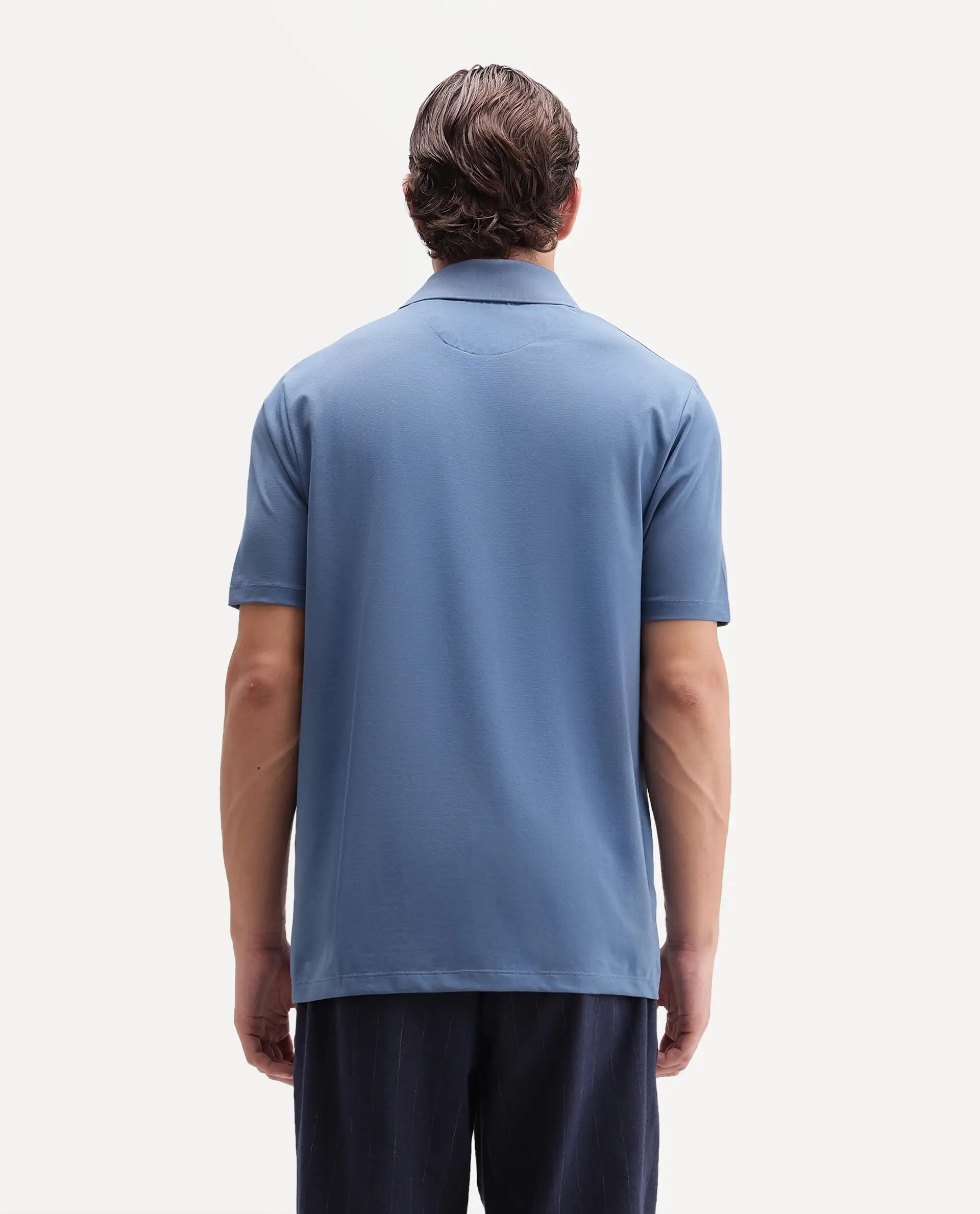 Rare Rabbit Men's Tang-25 Dusky Blue Cotton Blend Plain Regular Fit Half Sleeve Polo