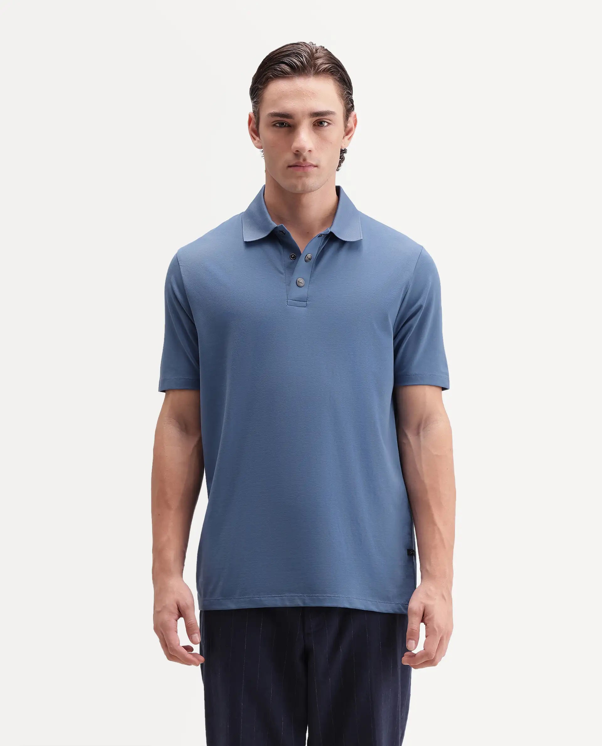Rare Rabbit Men's Tang-25 Dusky Blue Cotton Blend Plain Regular Fit Half Sleeve Polo