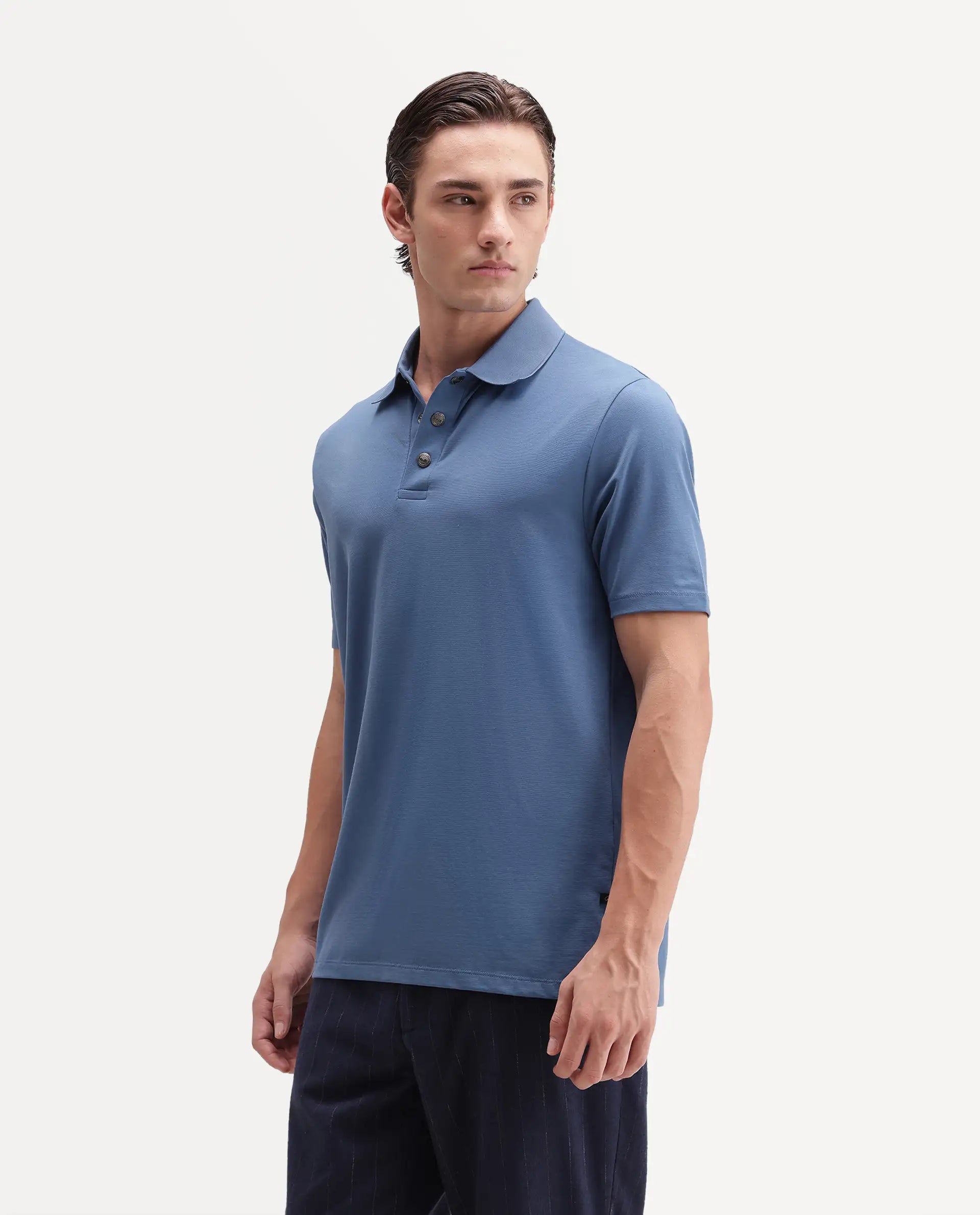 Rare Rabbit Men's Tang-25 Dusky Blue Cotton Blend Plain Regular Fit Half Sleeve Polo