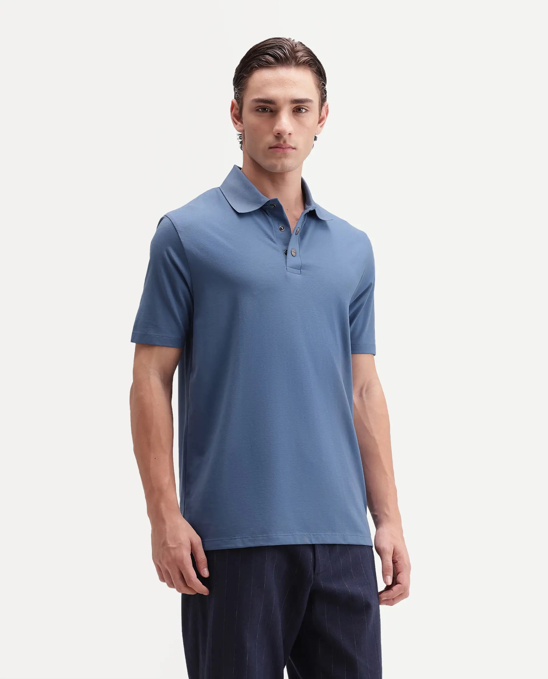 Rare Rabbit Men's Tang-25 Dusky Blue Cotton Blend Plain Regular Fit Half Sleeve Polo