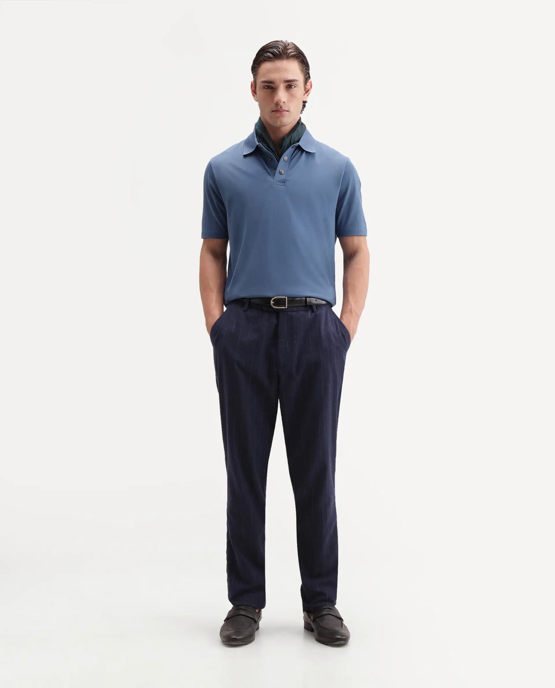 Rare Rabbit Men's Tang-25 Dusky Blue Cotton Blend Plain Regular Fit Half Sleeve Polo
