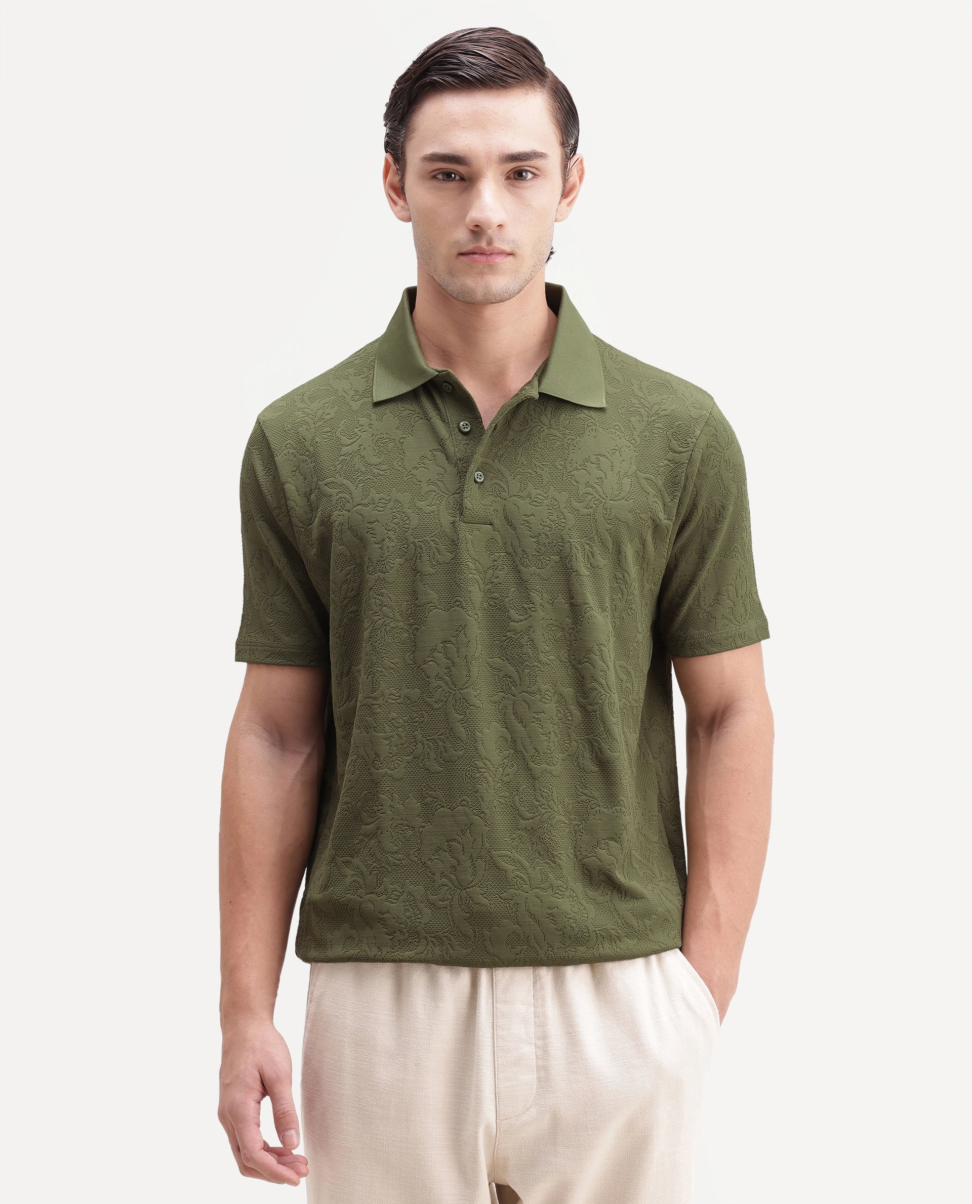 Rare Rabbit Men's Weso Olive Poly Blend Jacquard Regular Fit Half Sleeve Polo