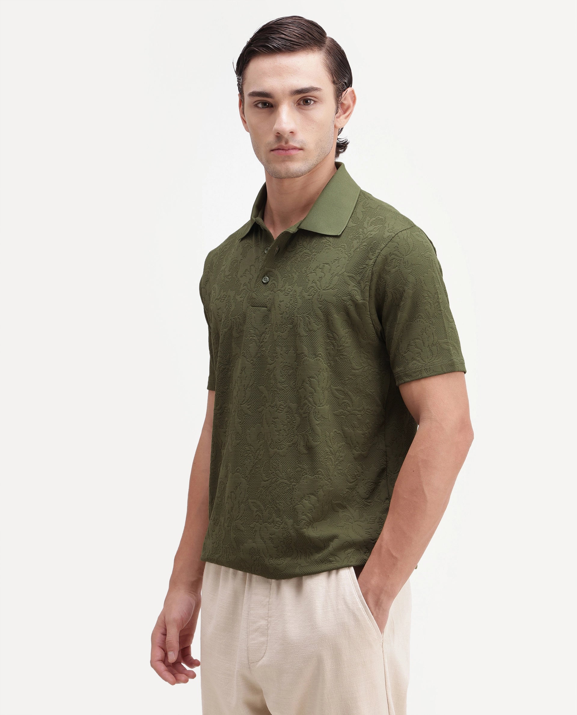 Rare Rabbit Men's Weso Olive Poly Blend Jacquard Regular Fit Half Sleeve Polo