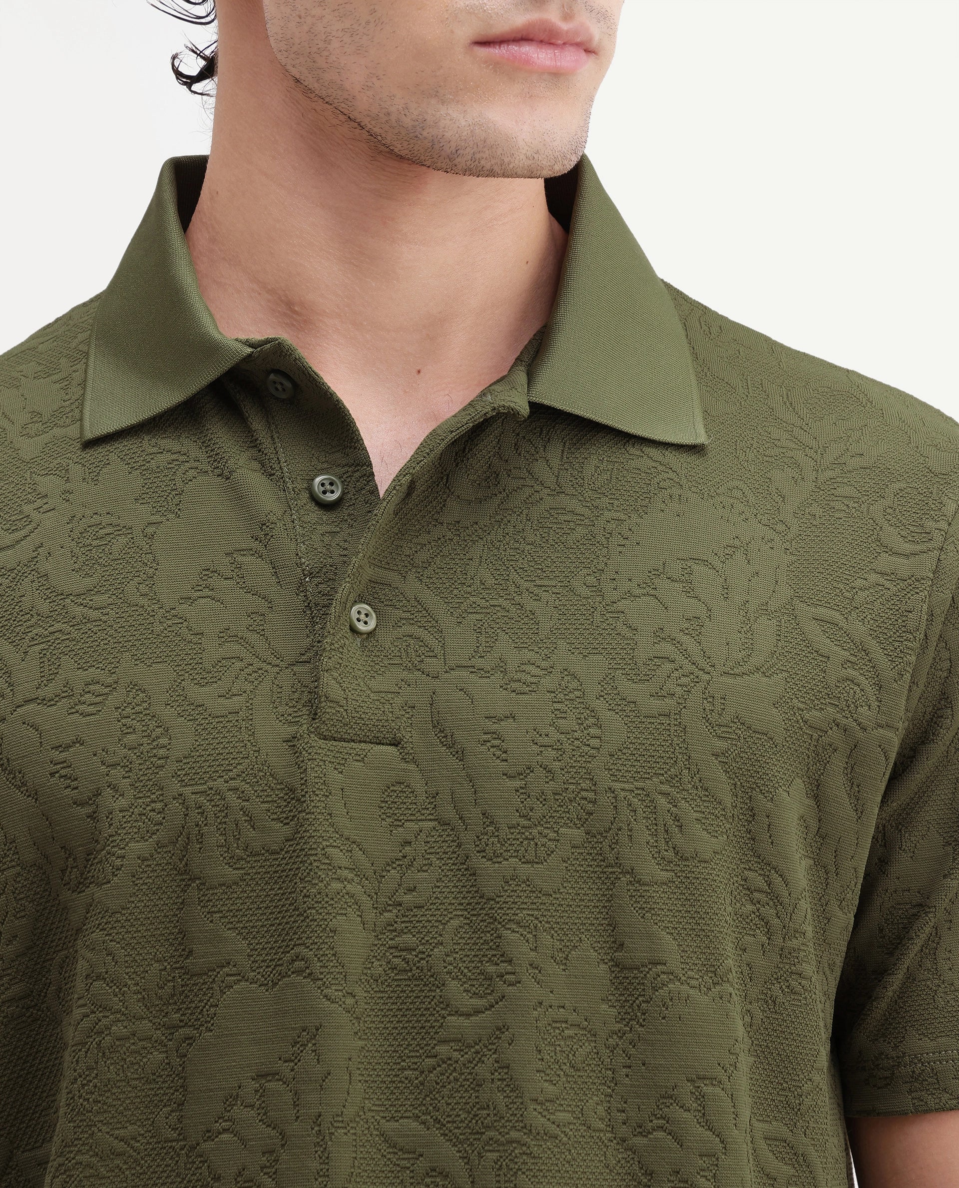 Rare Rabbit Men's Weso Olive Poly Blend Jacquard Regular Fit Half Sleeve Polo
