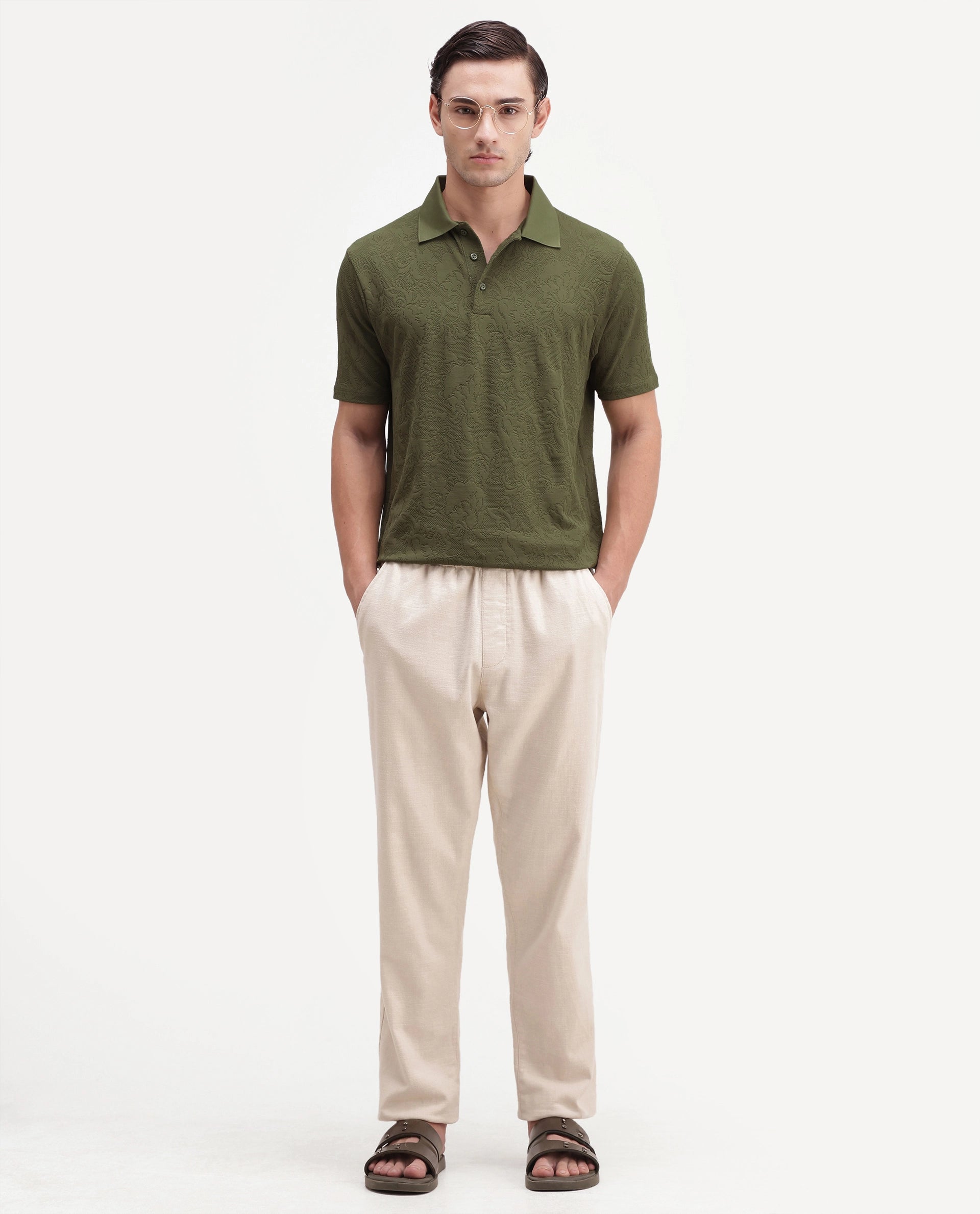 Rare Rabbit Men's Weso Olive Poly Blend Jacquard Regular Fit Half Sleeve Polo