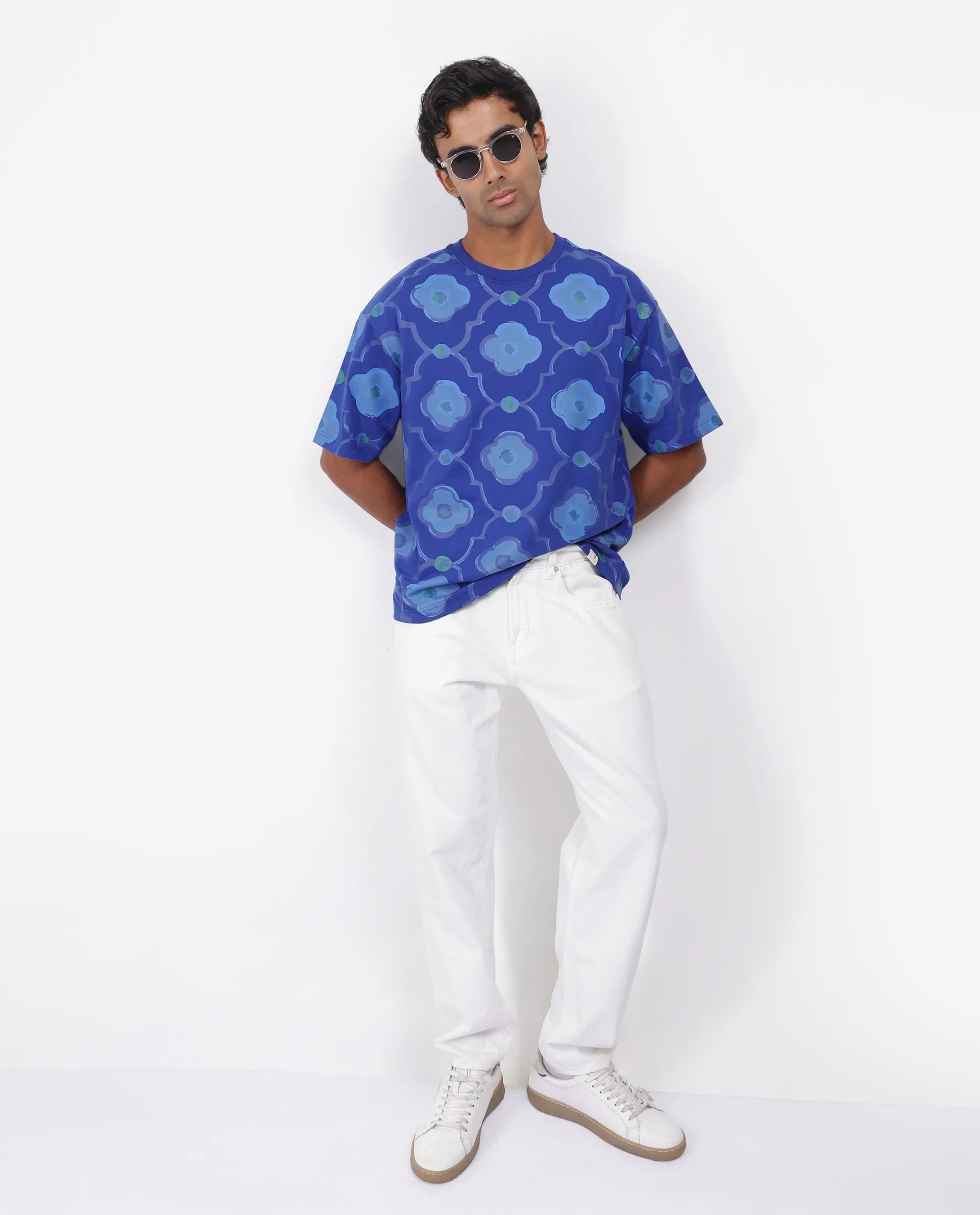 Rare Rabbit Men's Evino Flouroscent Blue Cotton Graphic Print Oversized Fit Half Sleeve Crew Neck T-Shirt