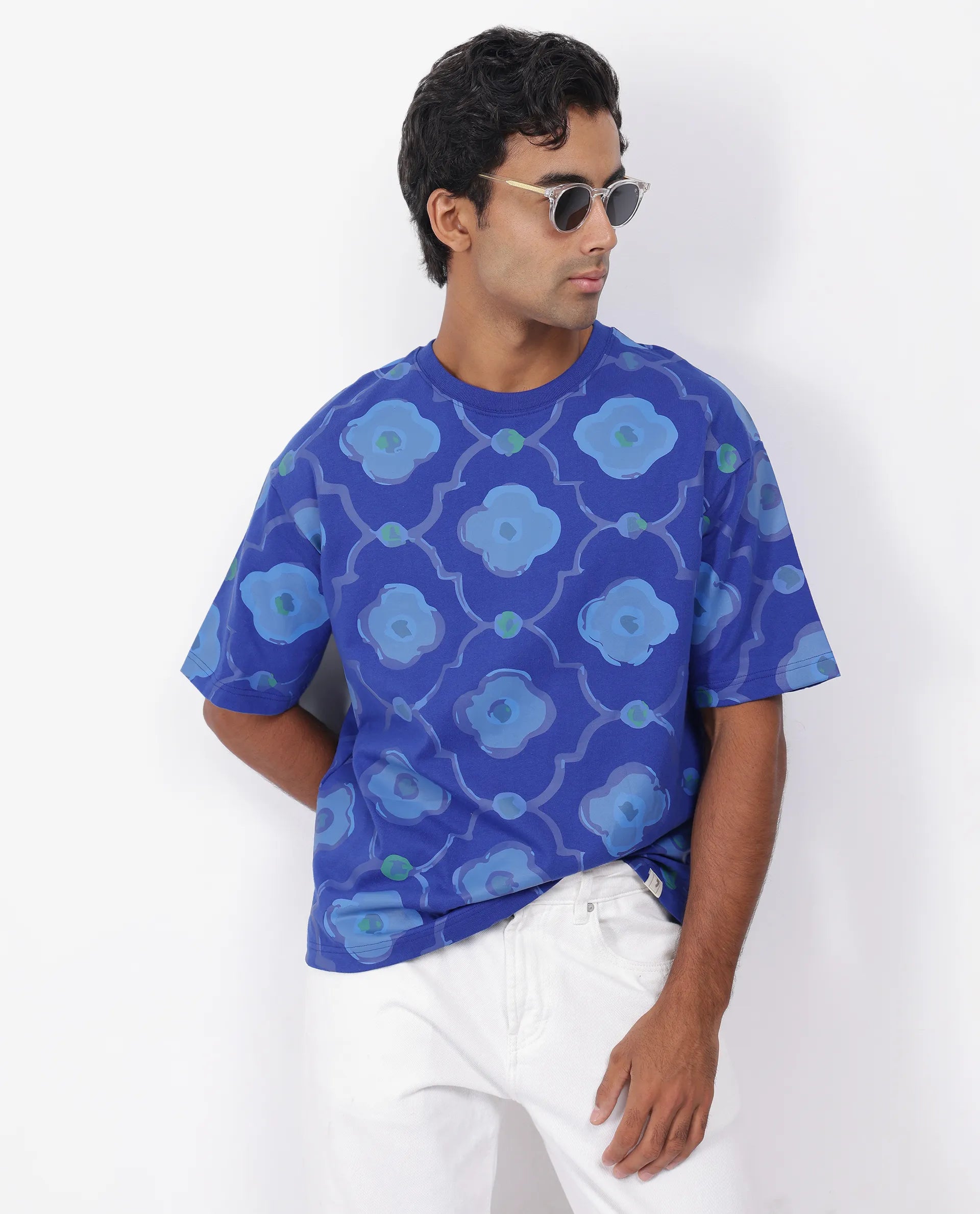 Rare Rabbit Men's Evino Flouroscent Blue Cotton Graphic Print Oversized Fit Half Sleeve Crew Neck T-Shirt