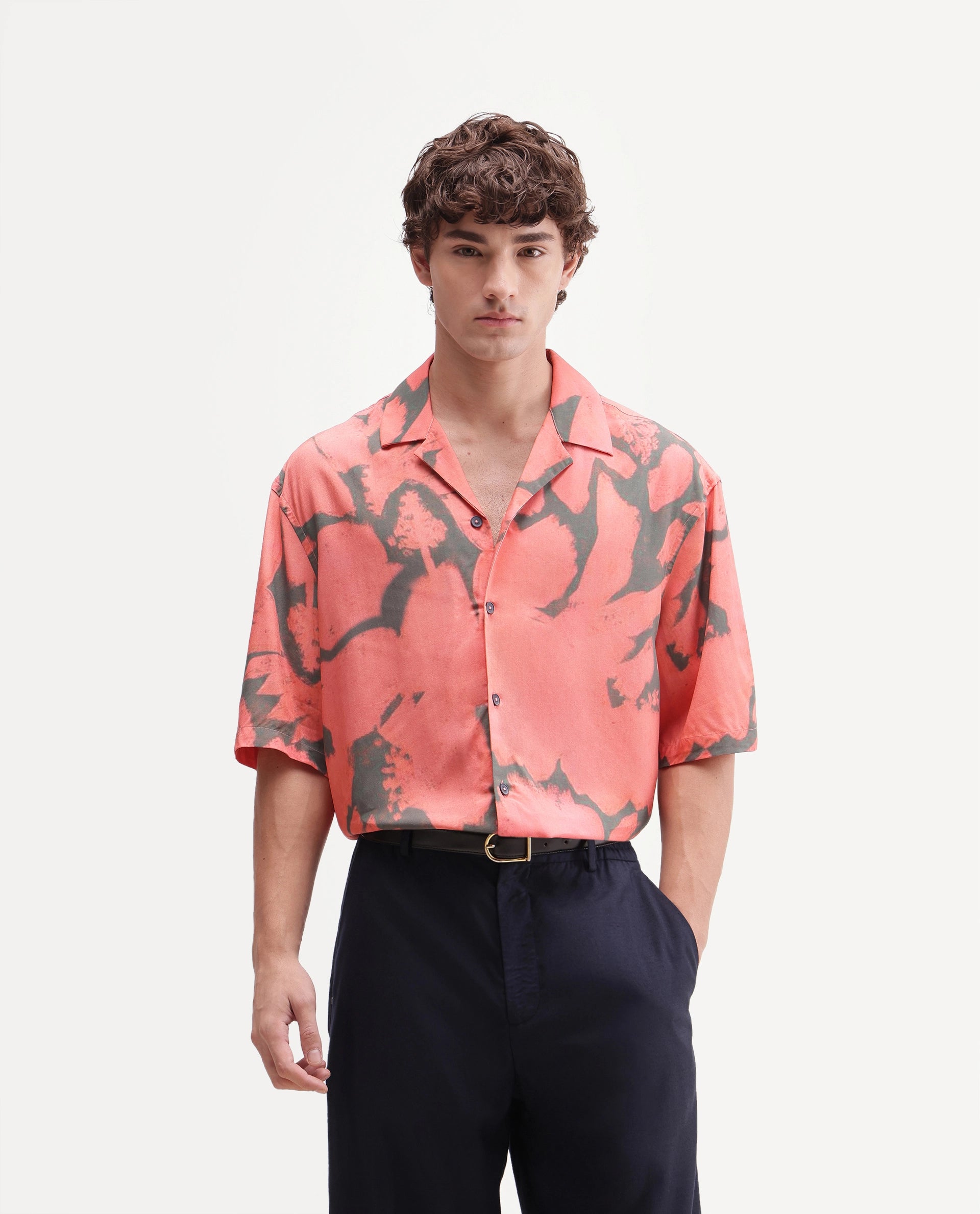 Rare Rabbit Men Nori Peach Cotton Blend Fabric Half Sleeve Cuban Collar Button Closure Boxy Fit Abstract Print Shirt