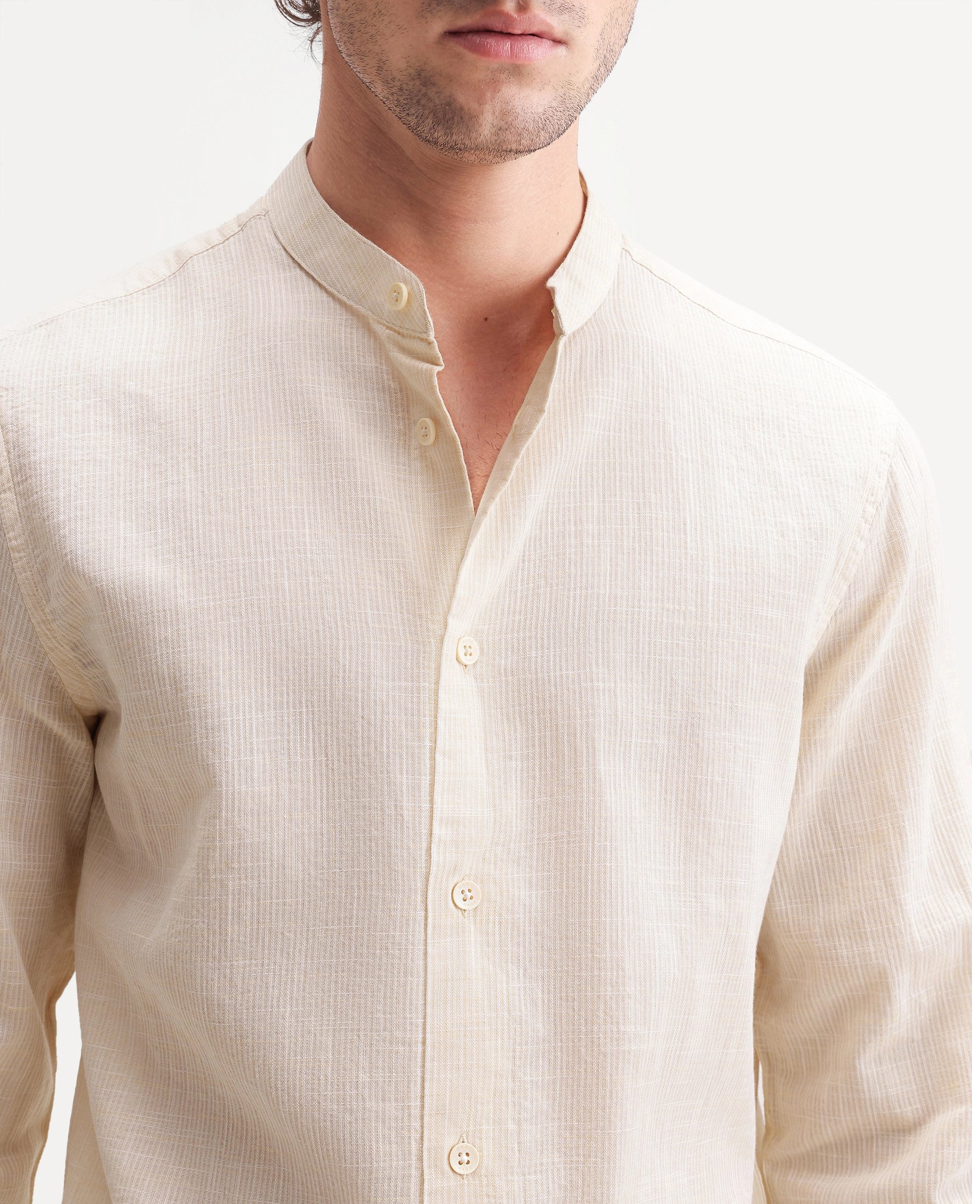 Rare Rabbit Men's Gic Light Yellow Cotton Plain Regular Fit Full Sleeve Mandarin Collar Shirt