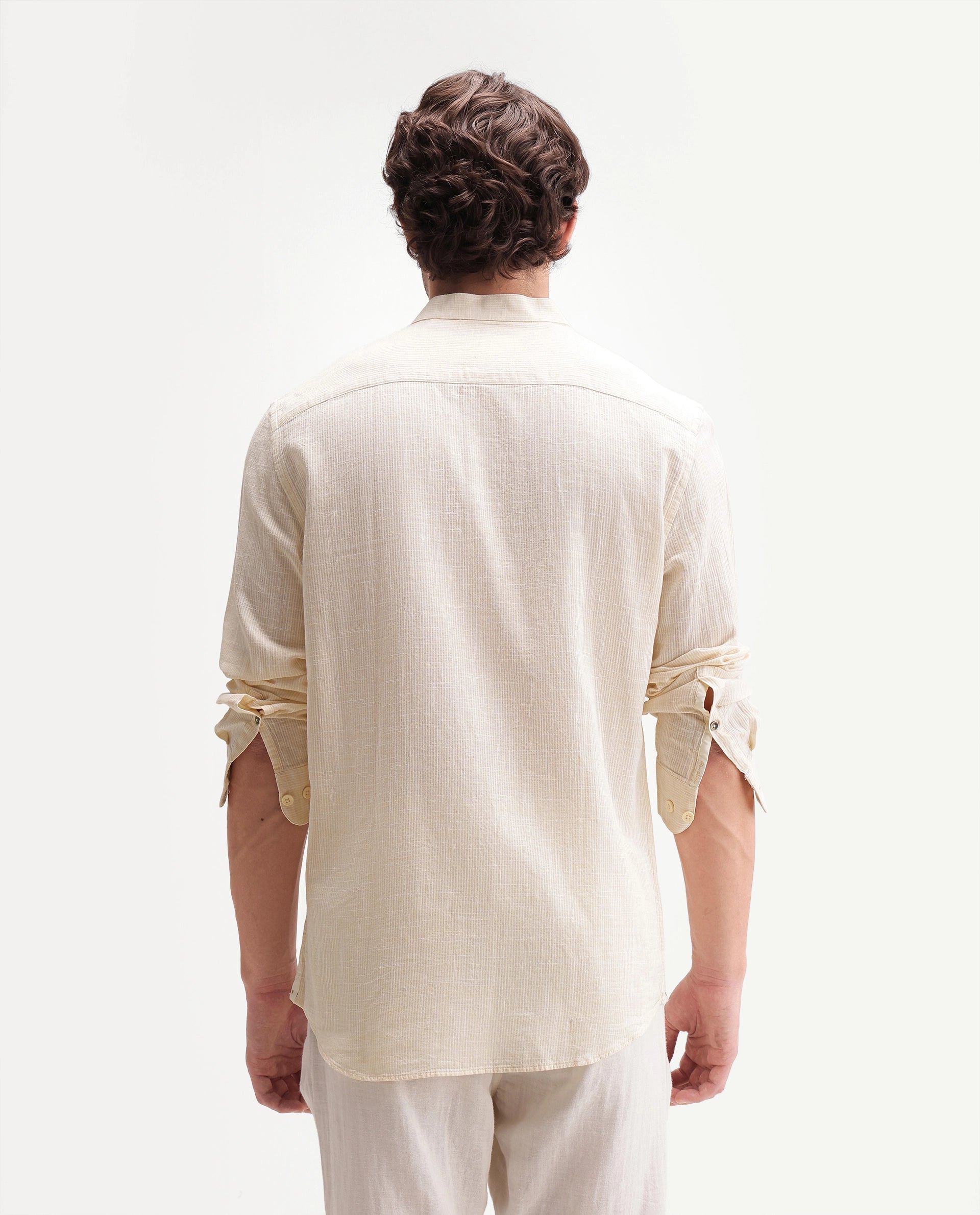 Rare Rabbit Men's Gic Light Yellow Cotton Plain Regular Fit Full Sleeve Mandarin Collar Shirt