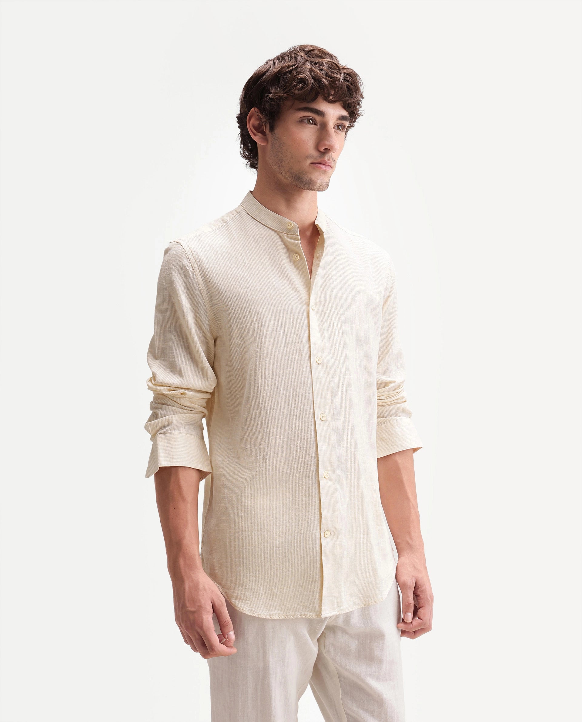 Rare Rabbit Men's Gic Light Yellow Cotton Plain Regular Fit Full Sleeve Mandarin Collar Shirt