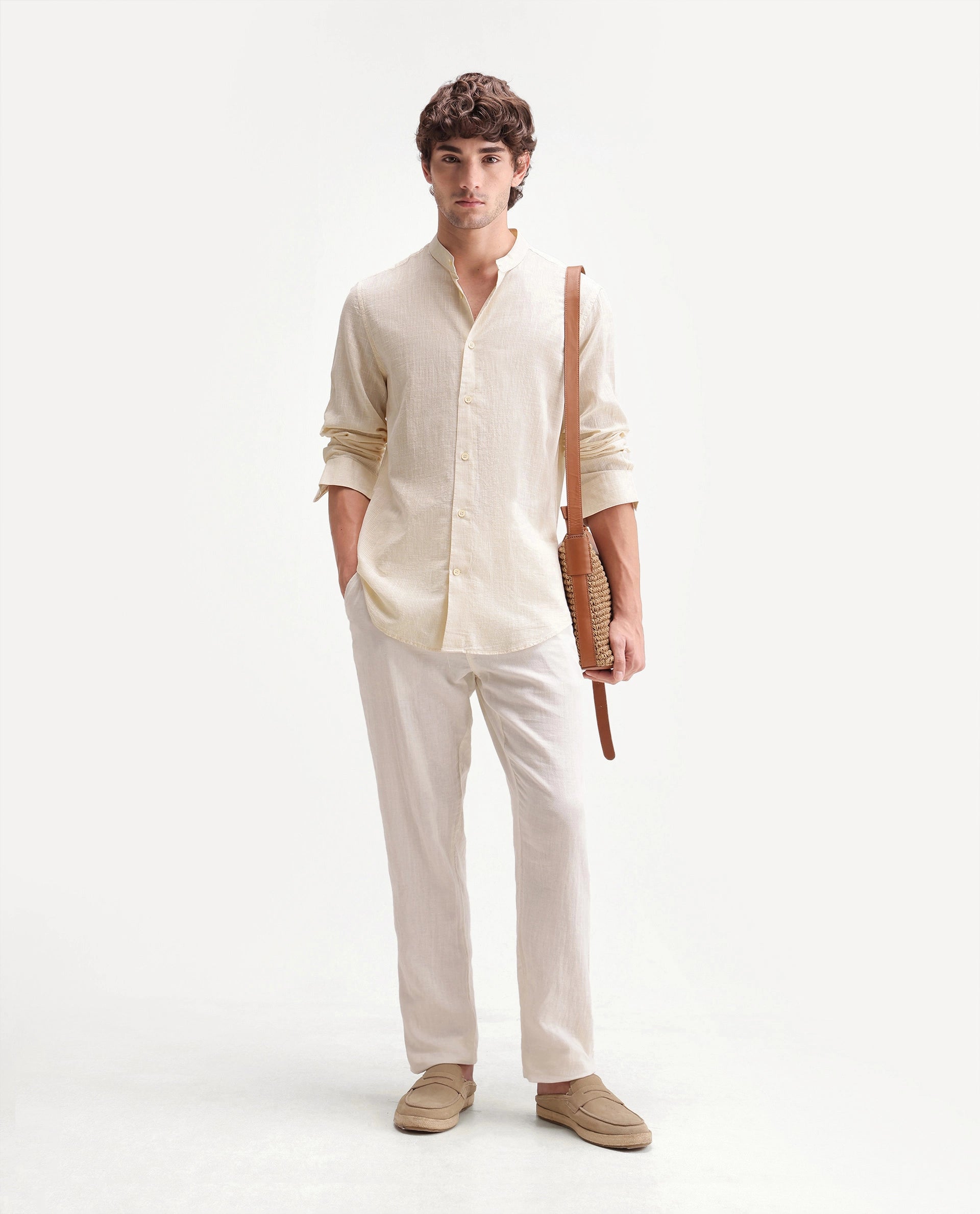 Rare Rabbit Men's Gic Light Yellow Cotton Plain Regular Fit Full Sleeve Mandarin Collar Shirt