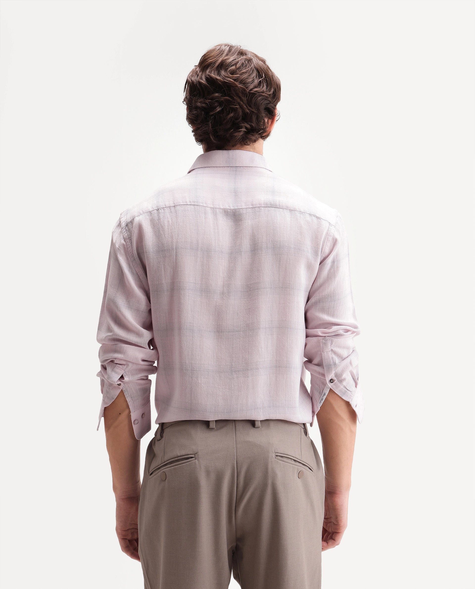 Rare Rabbit Men's Eamon Light Pink Linen Blend Checked Print Regular Fit Full Sleeve Collared Shirt