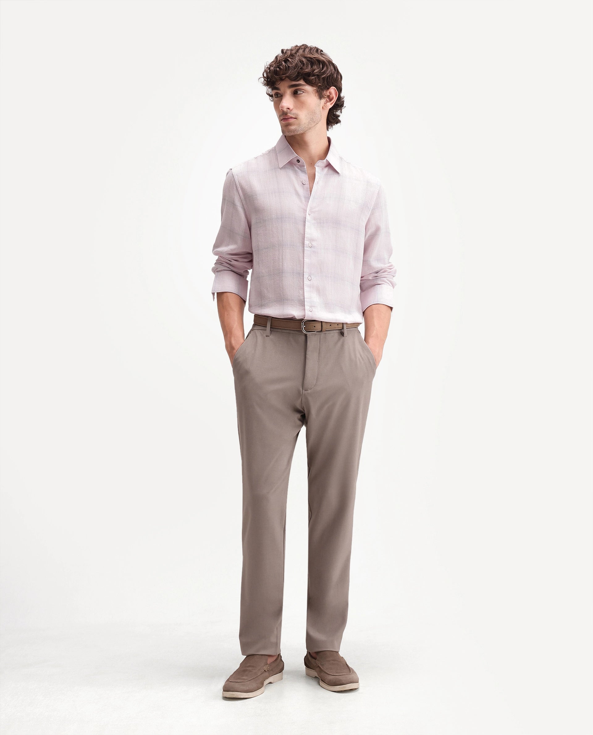 Rare Rabbit Men's Eamon Light Pink Linen Blend Checked Print Regular Fit Full Sleeve Collared Shirt