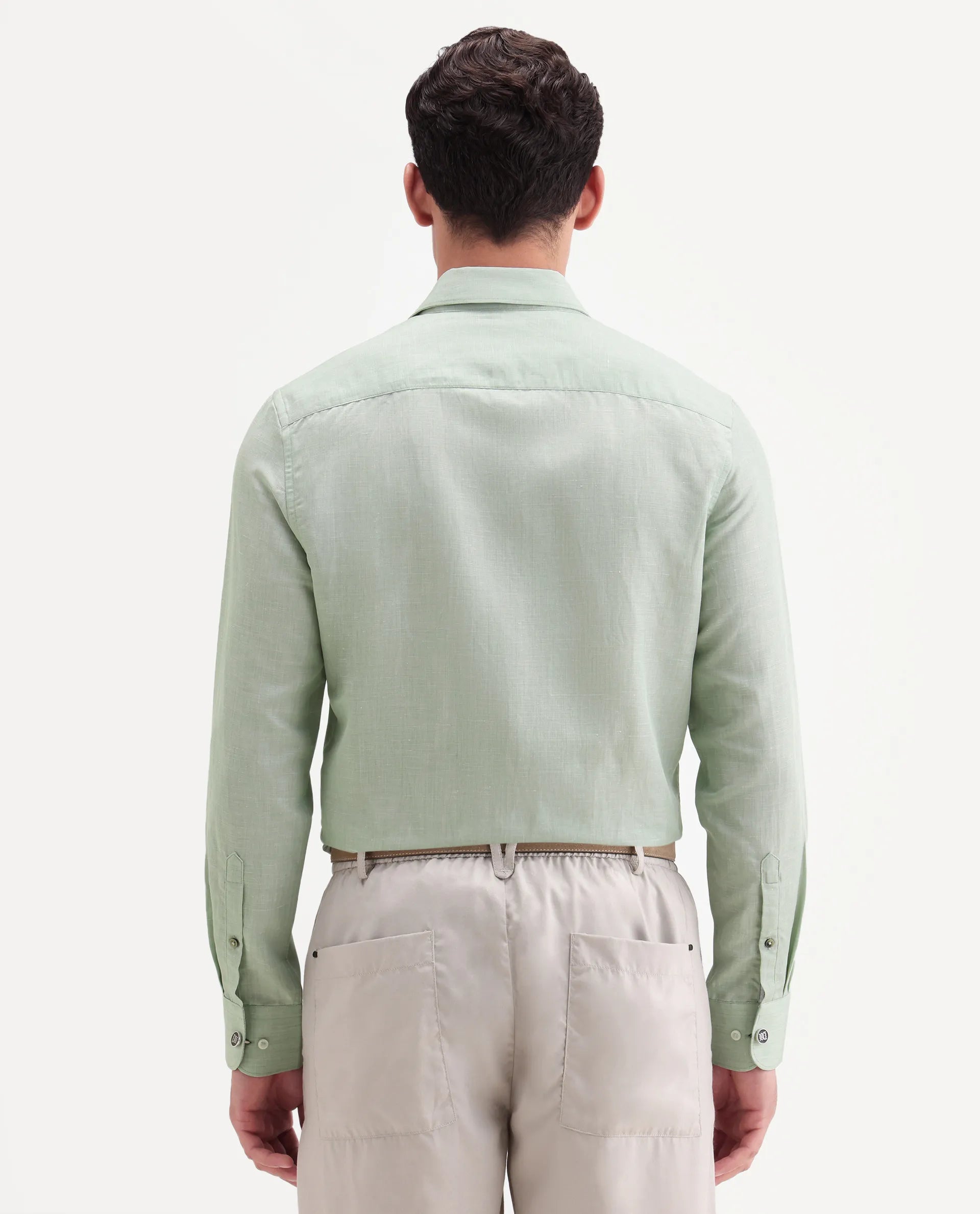 Rare Rabbit Men's Commas Light Green Linen Blend Plain Regular Fit Full Sleeve Collared Shirt