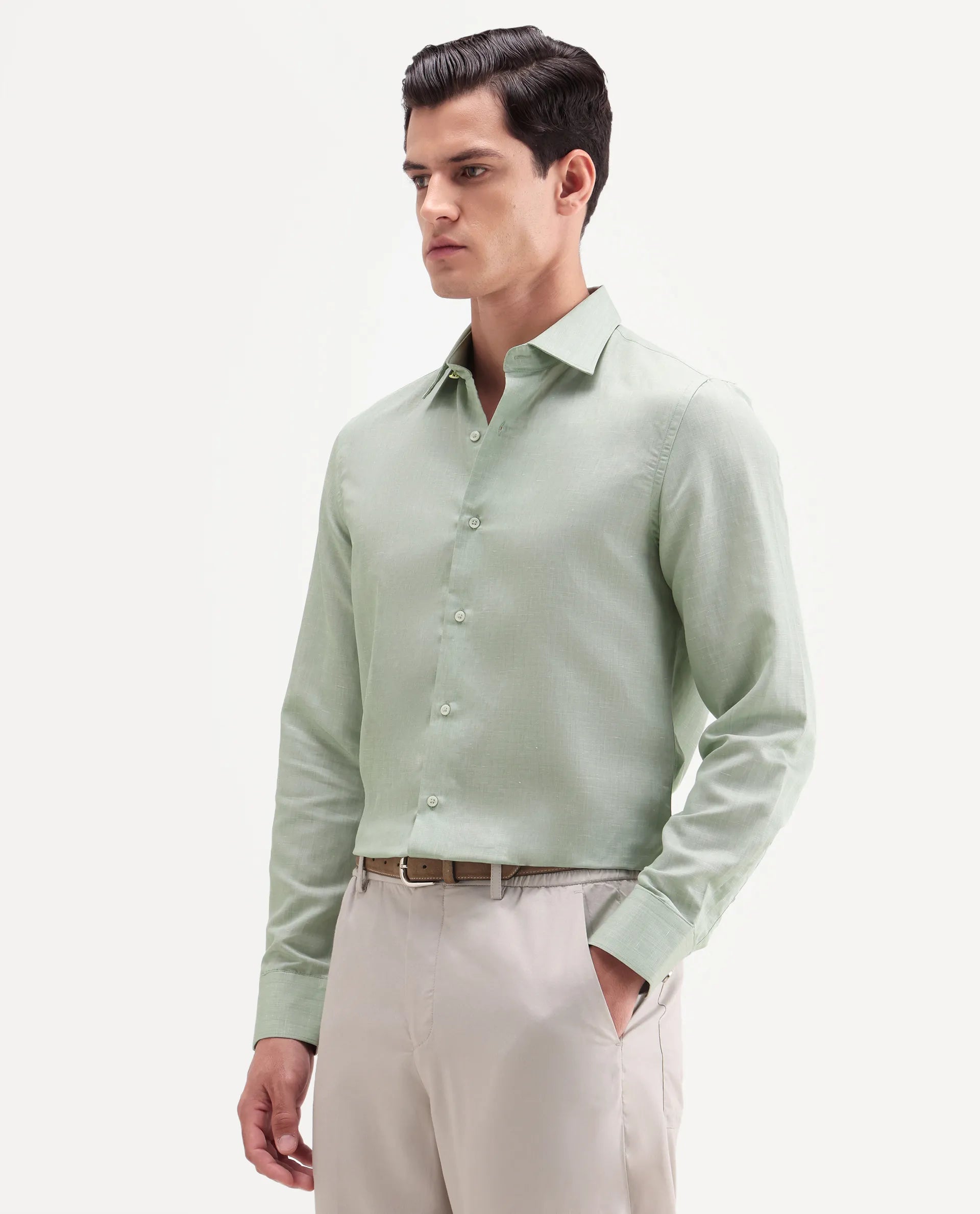 Rare Rabbit Men's Commas Light Green Linen Blend Plain Regular Fit Full Sleeve Collared Shirt