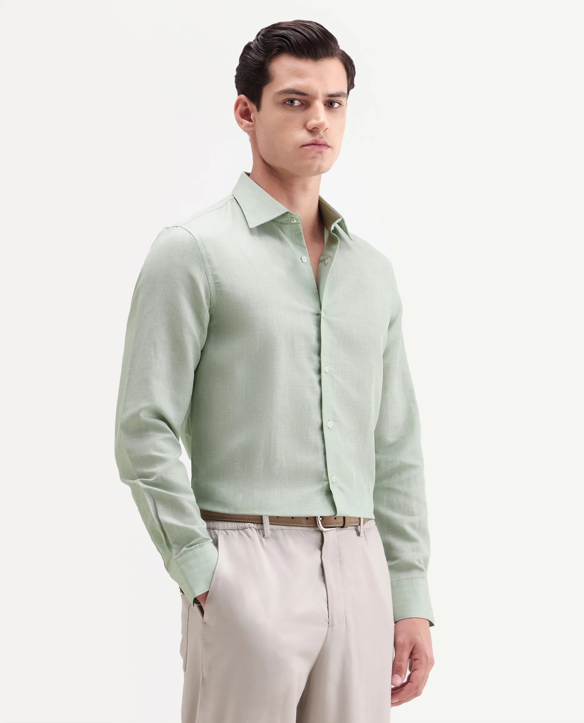 Rare Rabbit Men's Commas Light Green Linen Blend Plain Regular Fit Full Sleeve Collared Shirt
