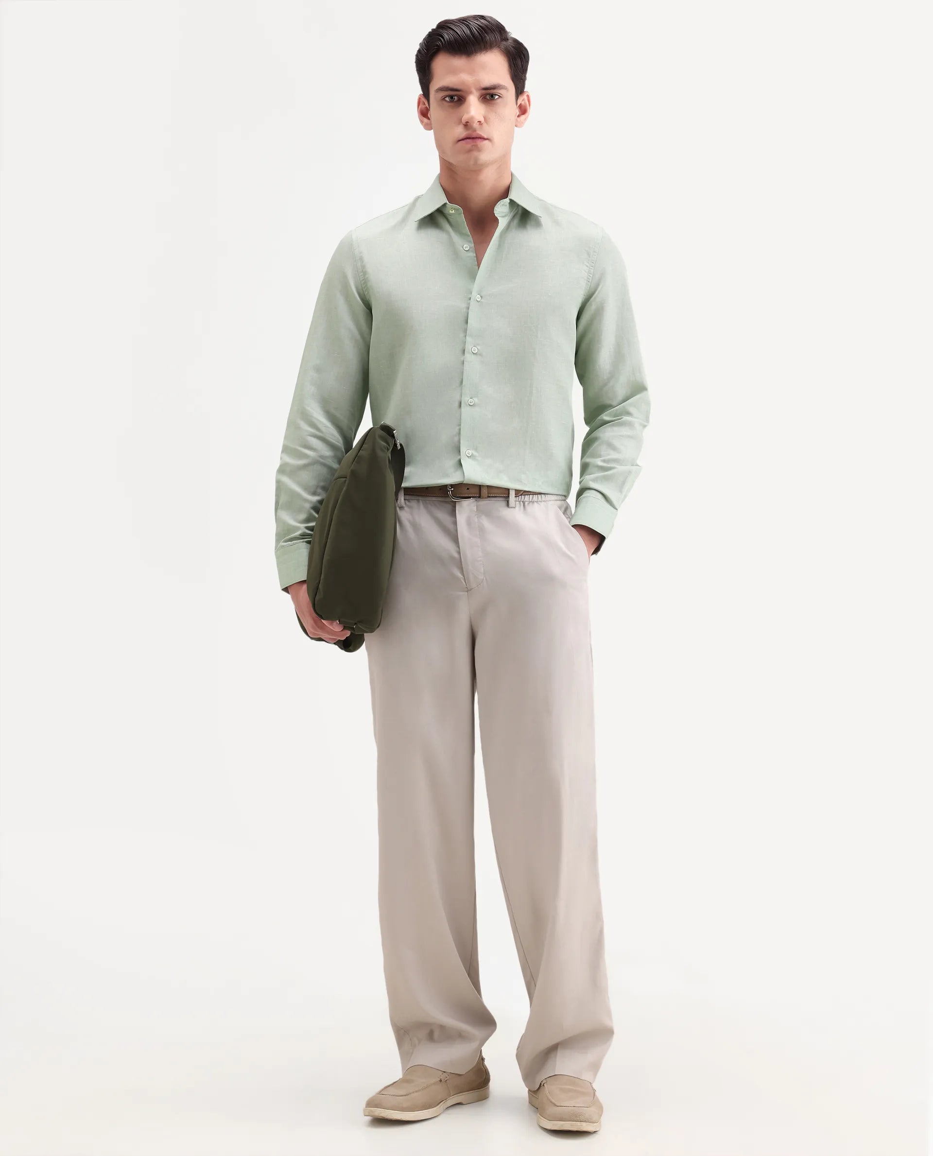 Rare Rabbit Men's Commas Light Green Linen Blend Plain Regular Fit Full Sleeve Collared Shirt