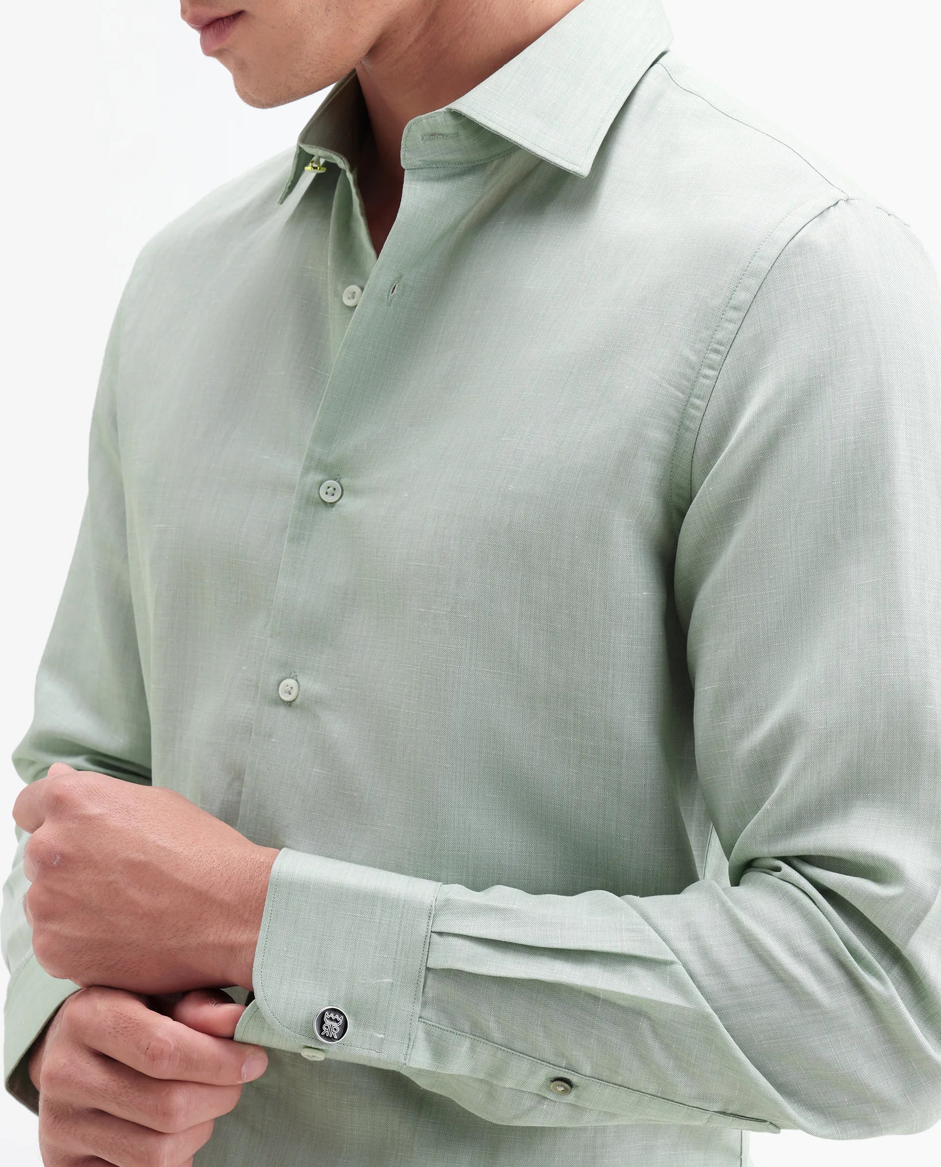 Rare Rabbit Men's Commas Light Green Linen Blend Plain Regular Fit Full Sleeve Collared Shirt