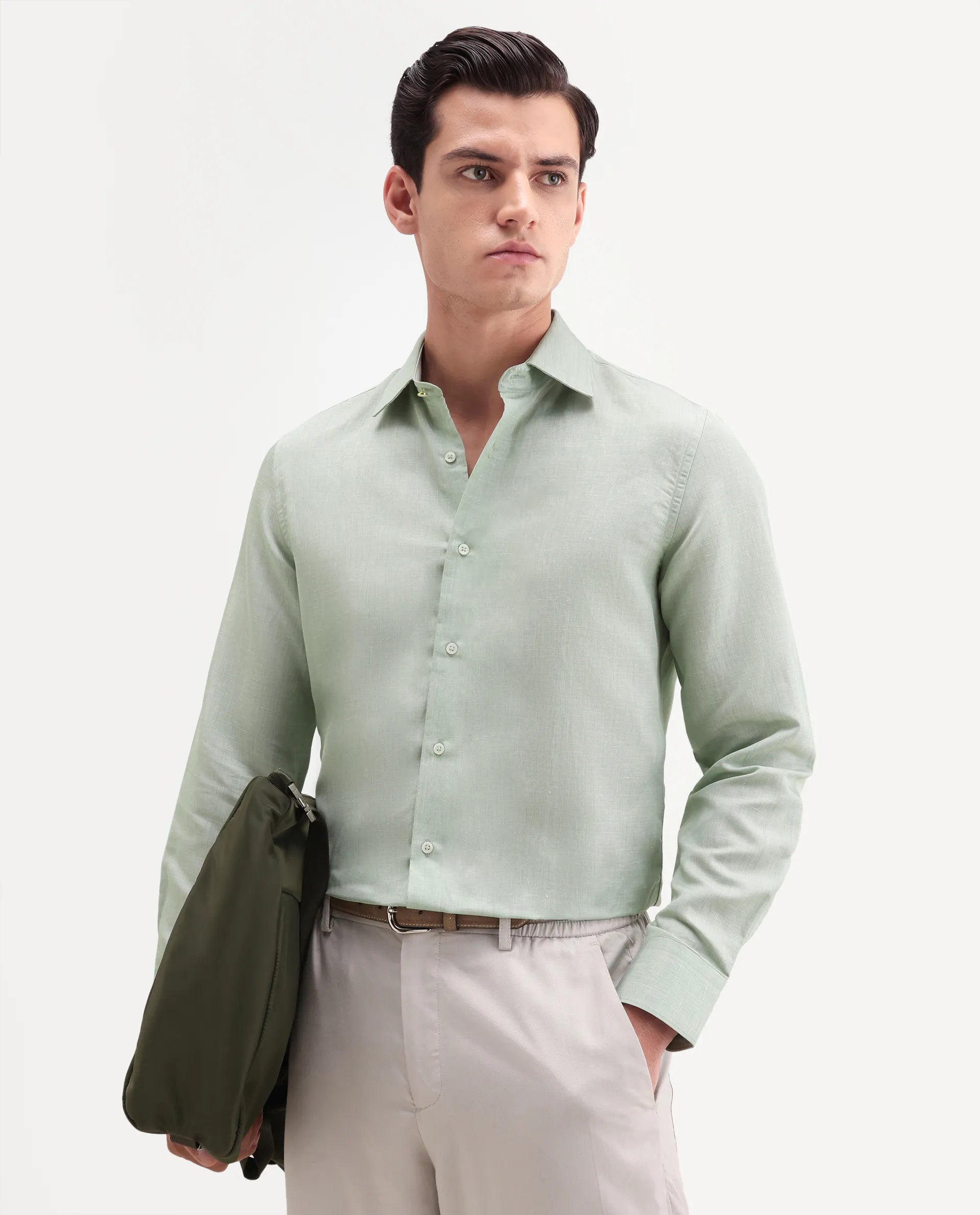 Rare Rabbit Men's Commas Light Green Linen Blend Plain Regular Fit Full Sleeve Collared Shirt