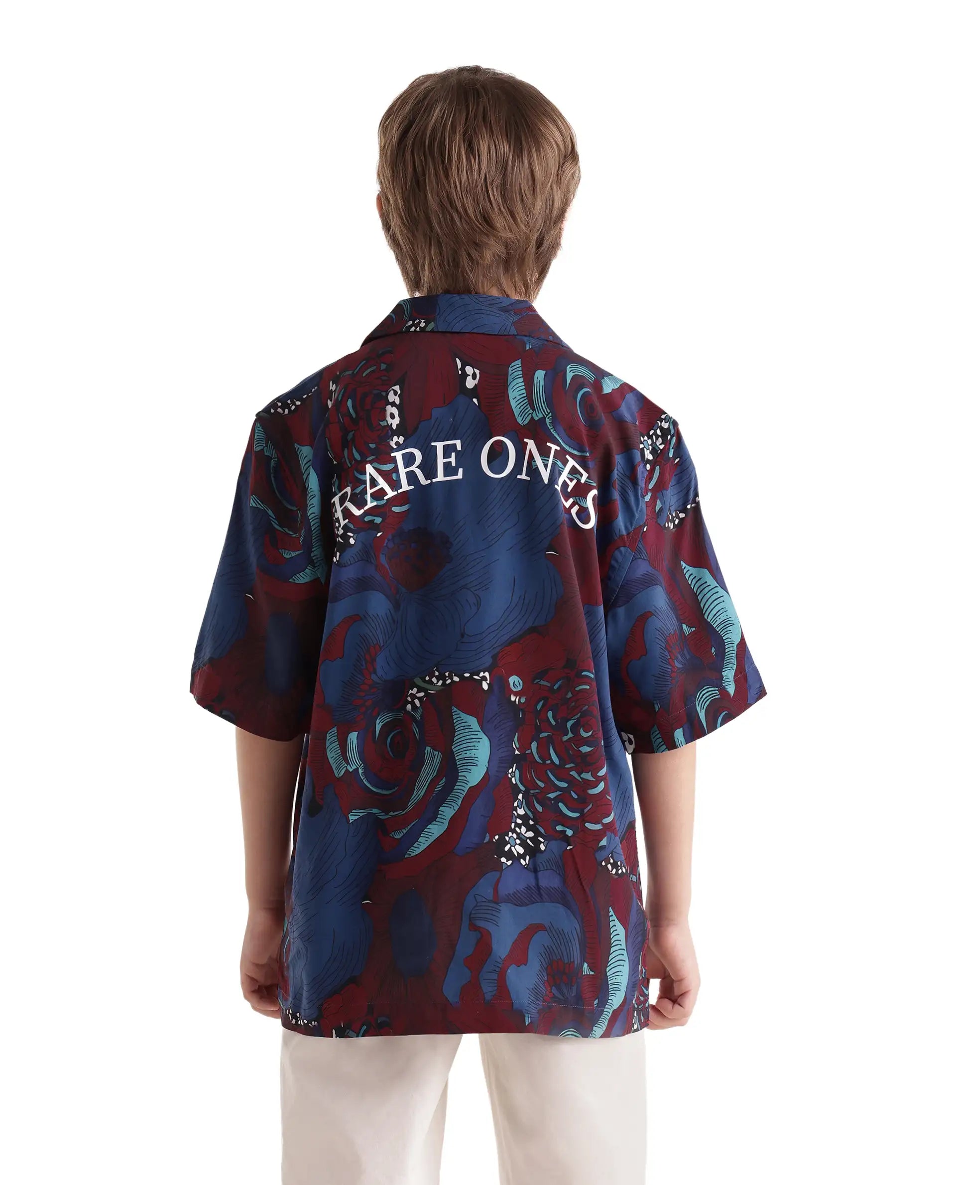 Rare Ones Kids Junf Blue Viscose Half Sleeve Button Printed Regular Fit Shirt