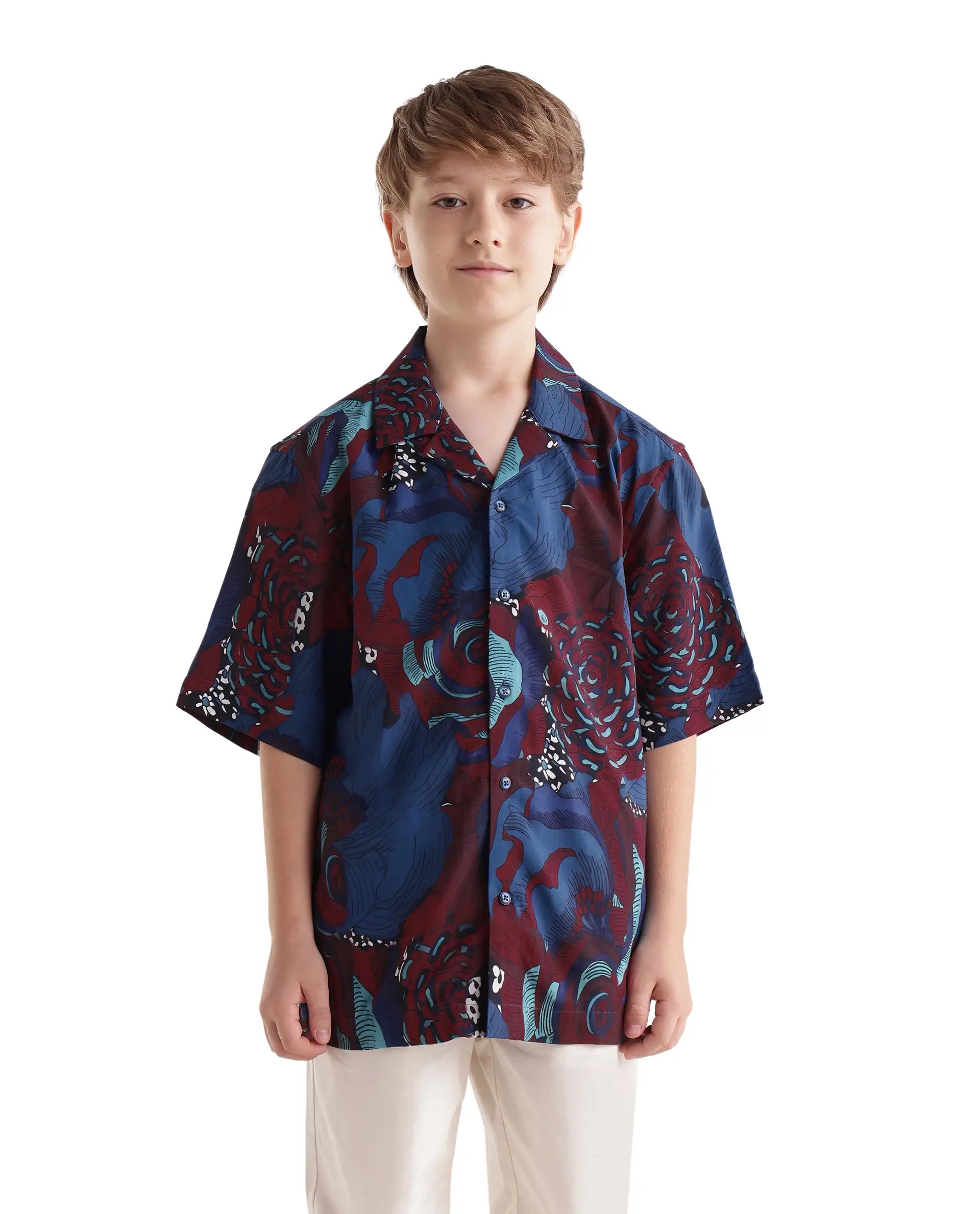 Rare Ones Kids Junf Blue Viscose Half Sleeve Button Printed Regular Fit Shirt