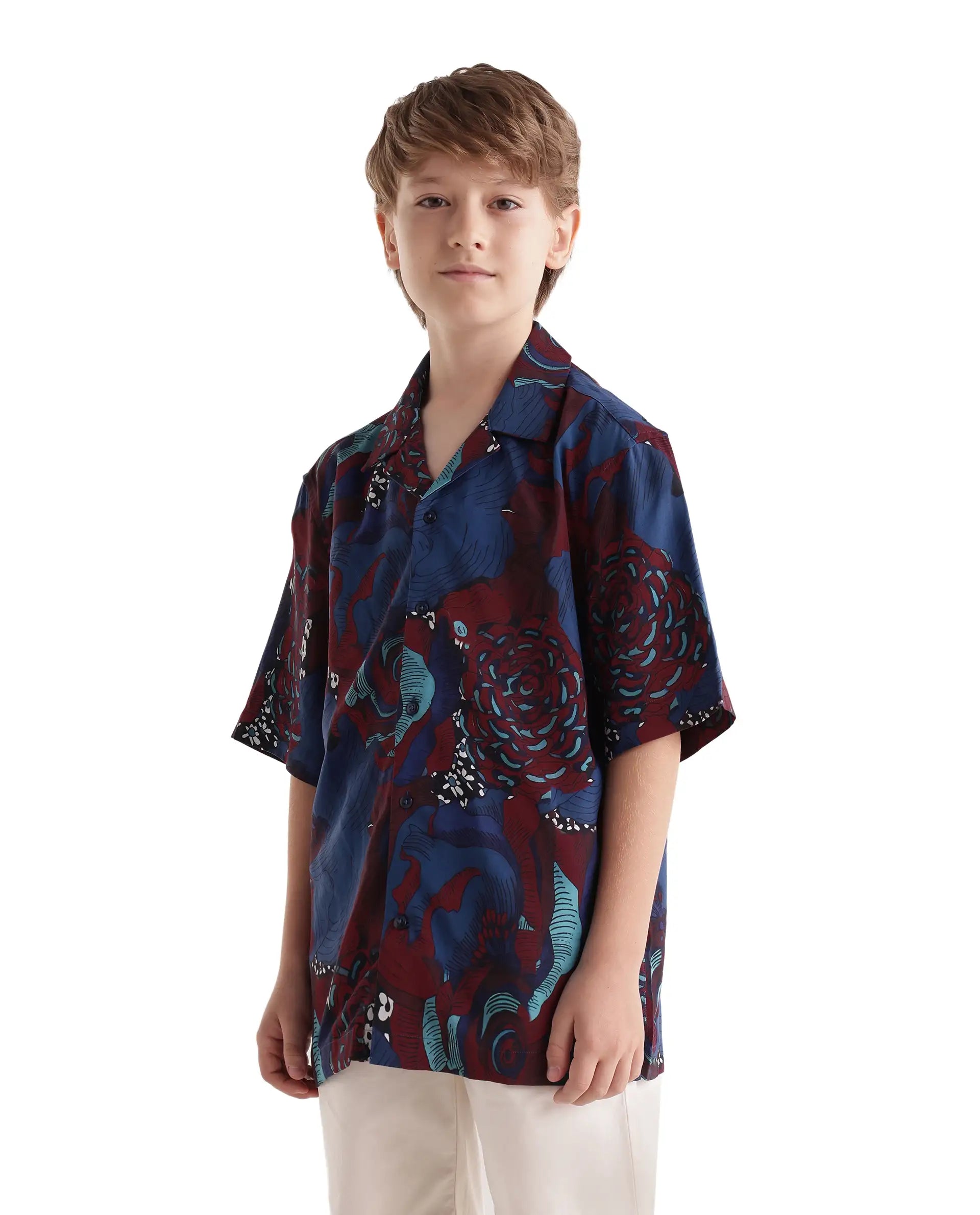 Rare Ones Kids Junf Blue Viscose Half Sleeve Button Printed Regular Fit Shirt