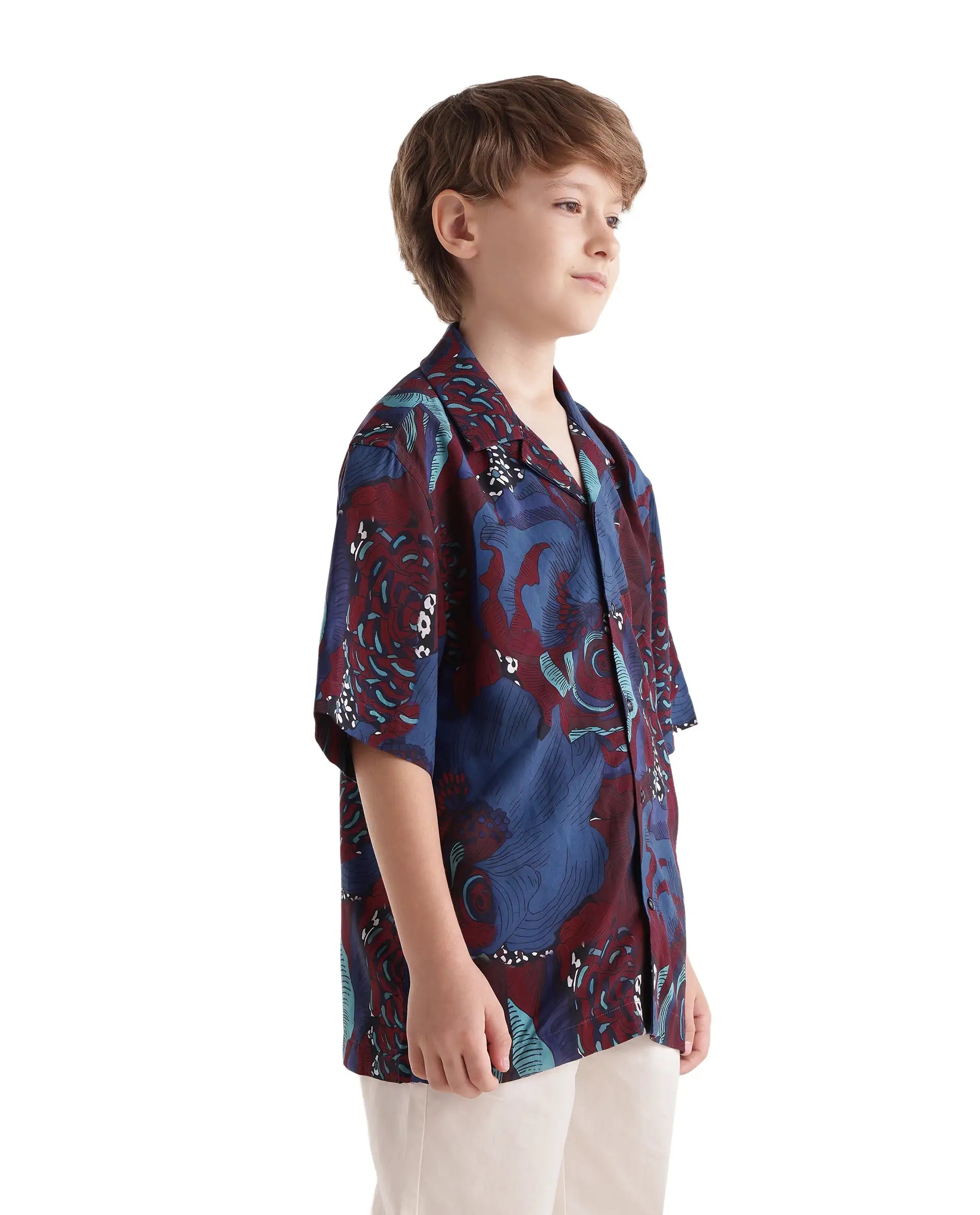 Rare Ones Kids Junf Blue Viscose Half Sleeve Button Printed Regular Fit Shirt