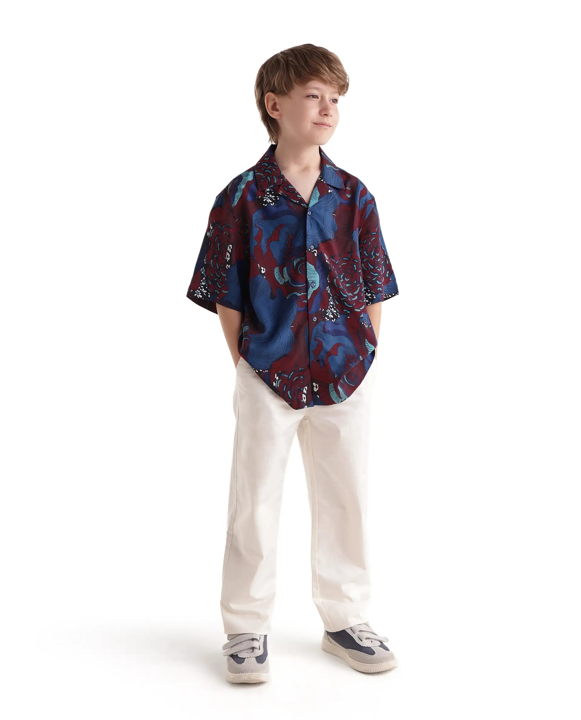 Rare Ones Kids Junf Blue Viscose Half Sleeve Button Printed Regular Fit Shirt