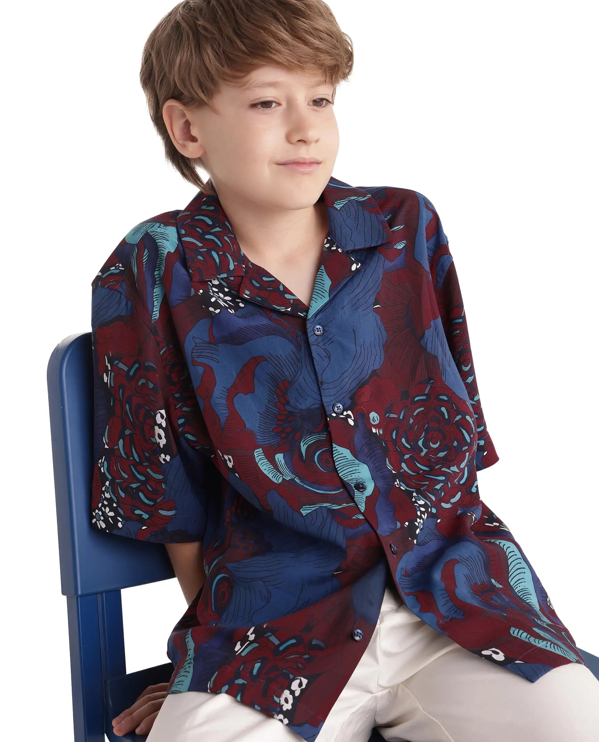 Rare Ones Kids Junf Blue Viscose Half Sleeve Button Printed Regular Fit Shirt